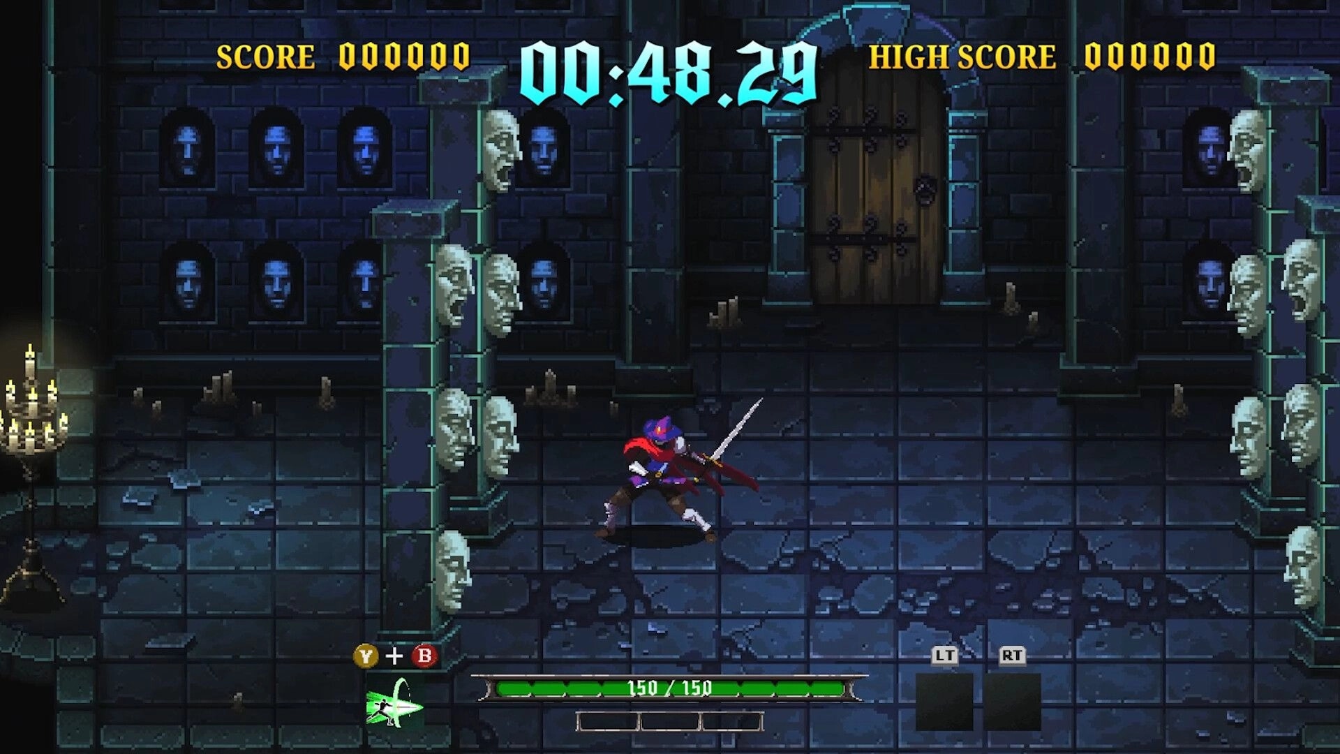 Ghost Vanguard: Sword-wielding hero in corridor, score timer and health bar UI in stone dungeon hall.
