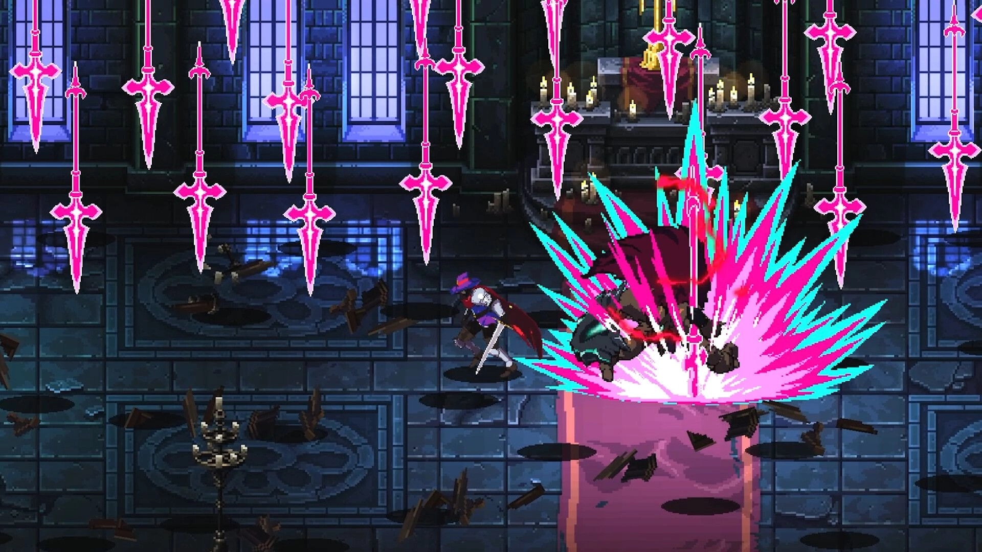 Ghost Vanguard: Swordsman dodges falling pink blades as an enemy is slammed in a gothic hall.