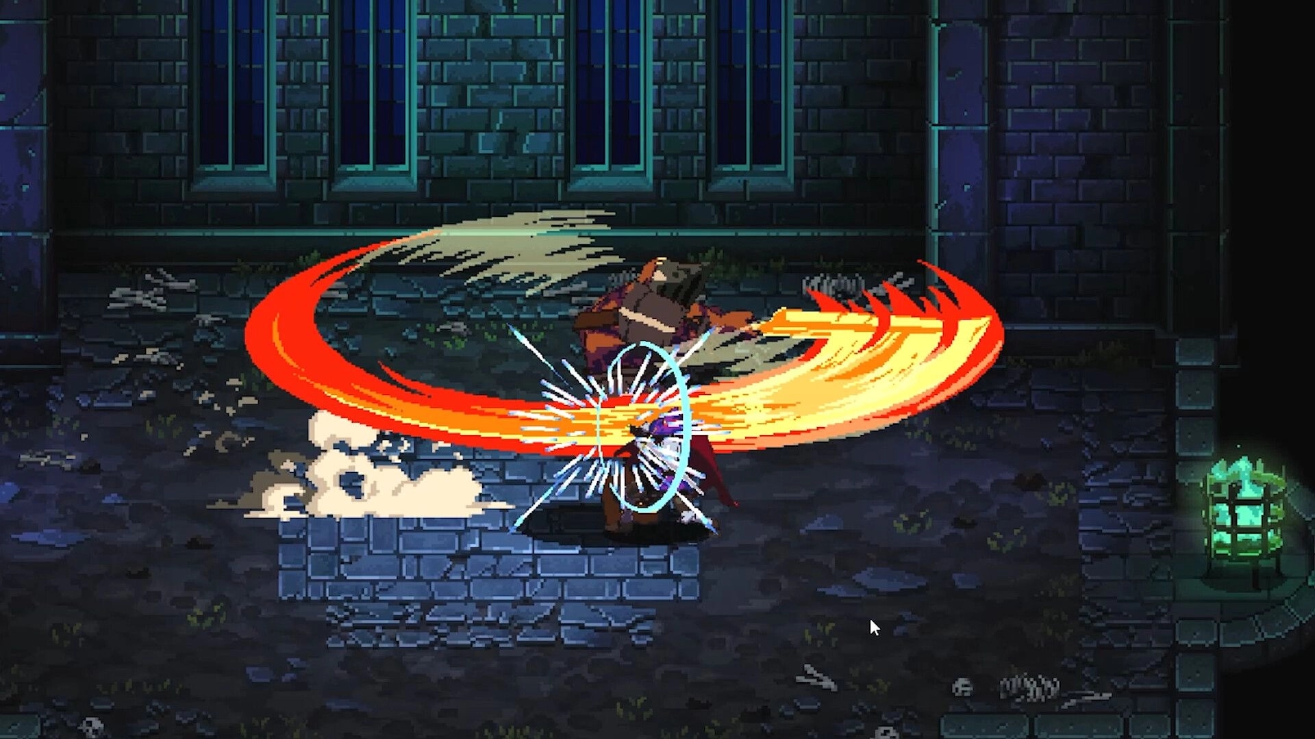 Ghost Vanguard: Hero blocks a wide flaming sword slash in a dark stone courtyard by dungeon walls.