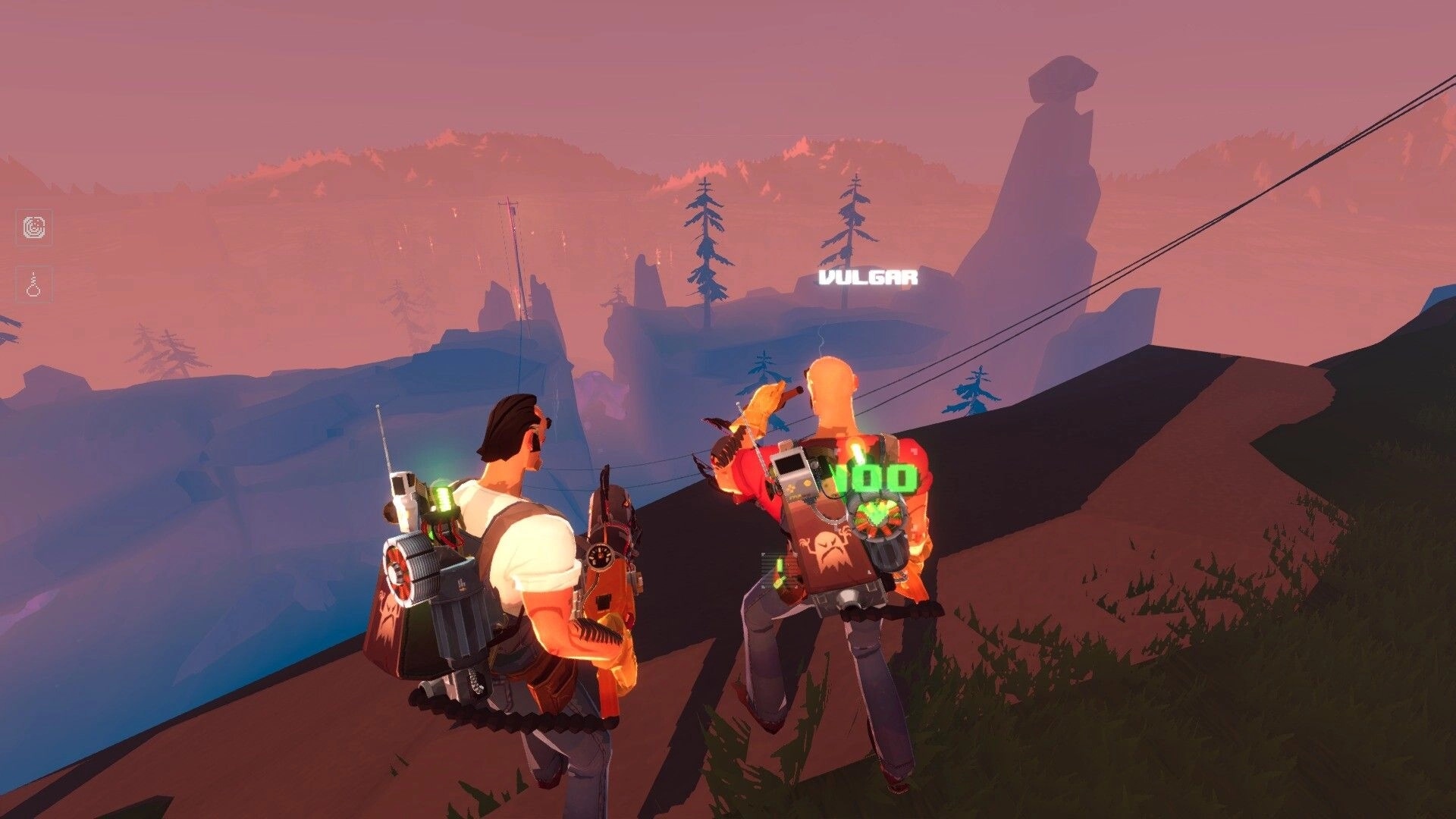 Ghosts & Gasoline: Two co-op hunters with gear and rifles watch cliffs at dusk near a DULGAR sign.
