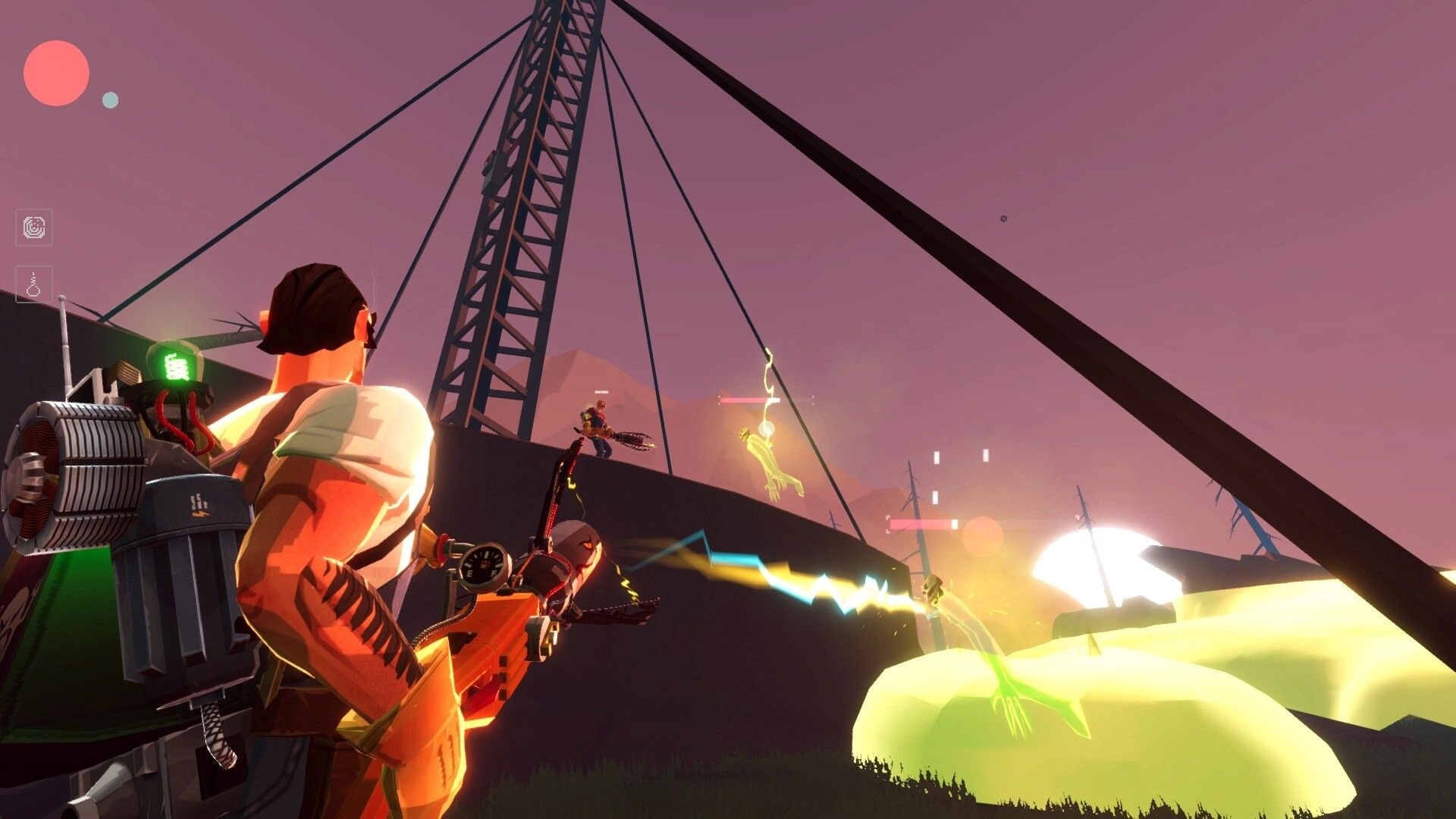 Ghosts & Gasoline: Hunter fires proton beam at glowing ghosts on crane rig at sunset, HUD icons left.