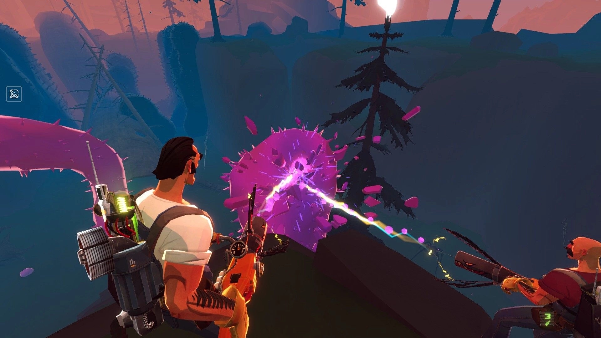 Ghosts & Gasoline: Two hunters fire energy beams at a purple ghost orb on a misty cliffside.