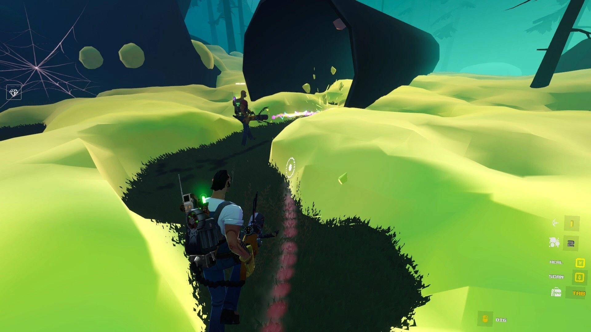 Ghosts & Gasoline: Two hunters aim gear in a neon swamp with boulders, webbed cave, HUD icons.