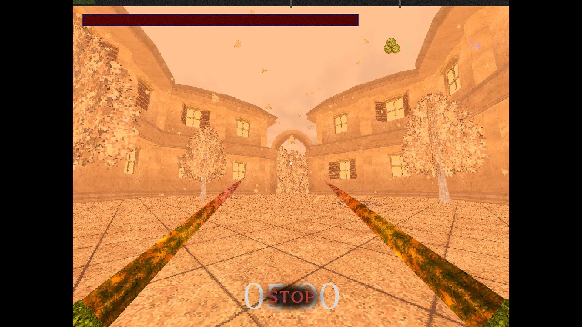 Giant’s Heart: First-person courtyard view with STOP prompt and HUD bar between castle buildings.