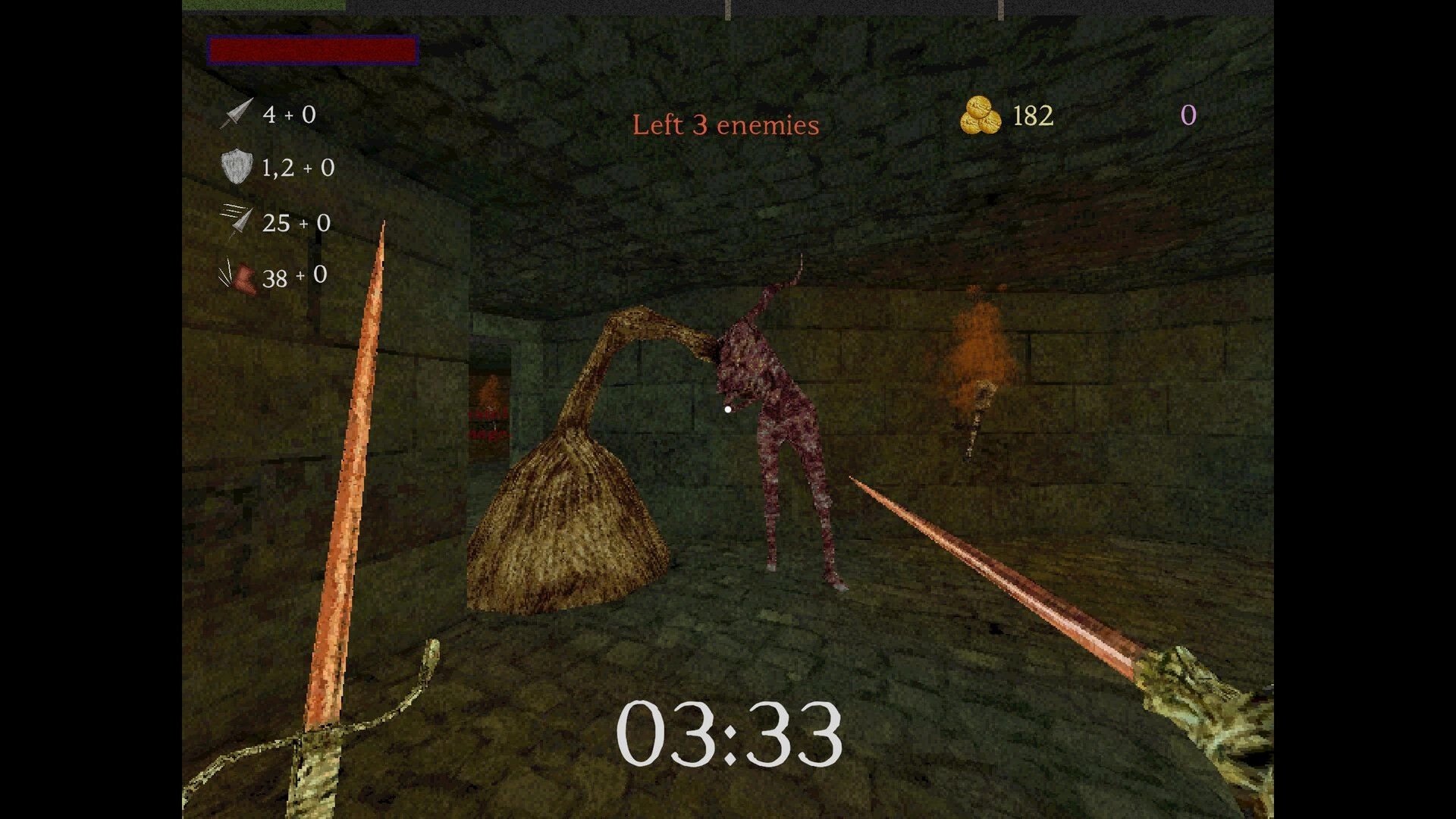 Giant’s Heart: First-person sword fight with a lanky monster in a torchlit stone dungeon corridor.