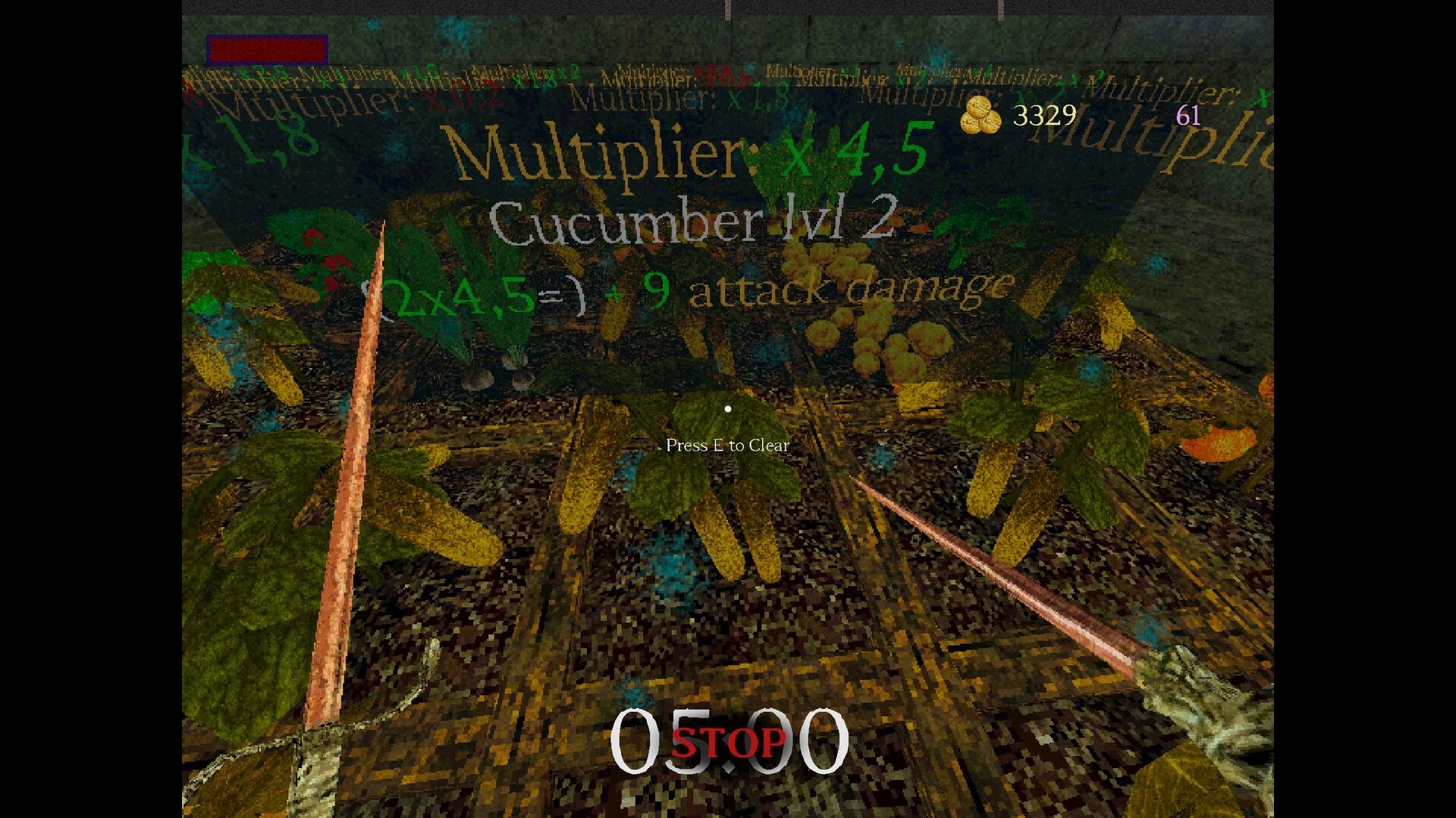 Giant’s Heart: Harvesting cucumber plants with “Press E to Clear” prompt in a dungeon garden room.