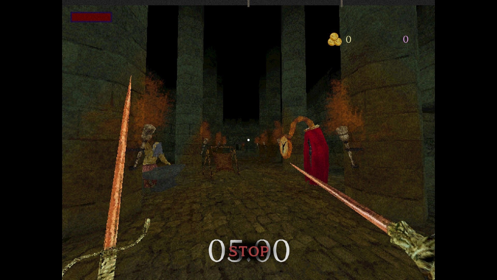 Giant’s Heart: First-person sword combat with robed enemy and spider in torchlit stone corridor.