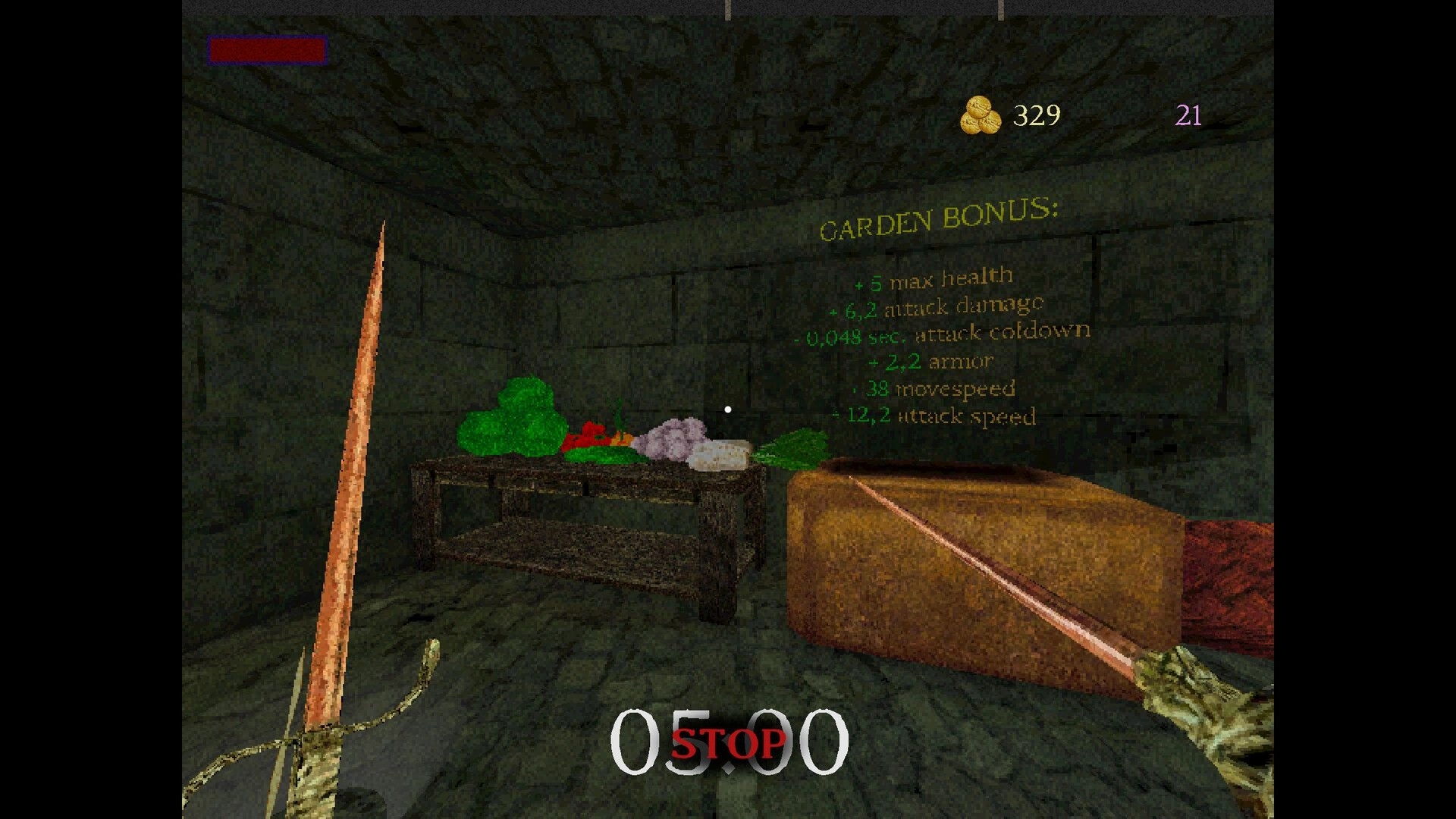 Giant’s Heart: First-person view with sword drawn and Garden Bonus stats in a stone dungeon room.