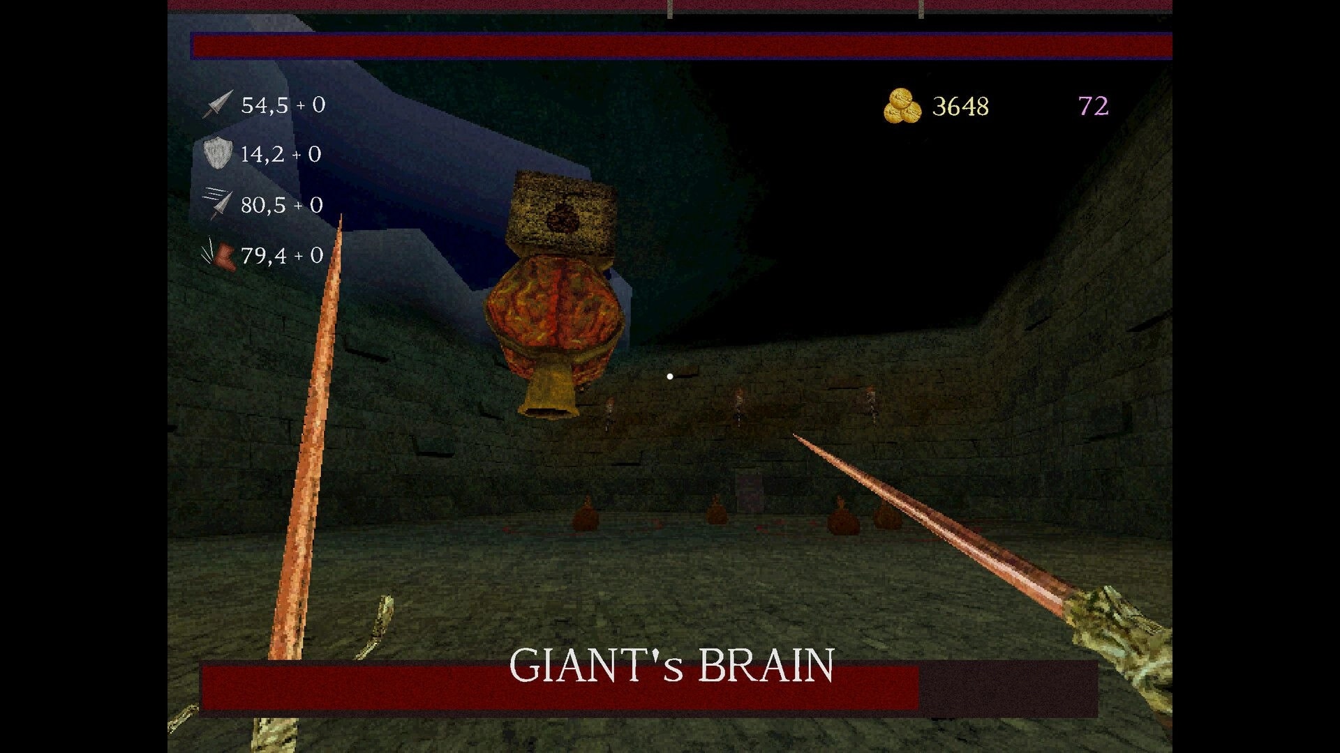 Giant’s Heart: First-person duel with Giant’s Brain boss in a torchlit stone dungeon arena UI visible.