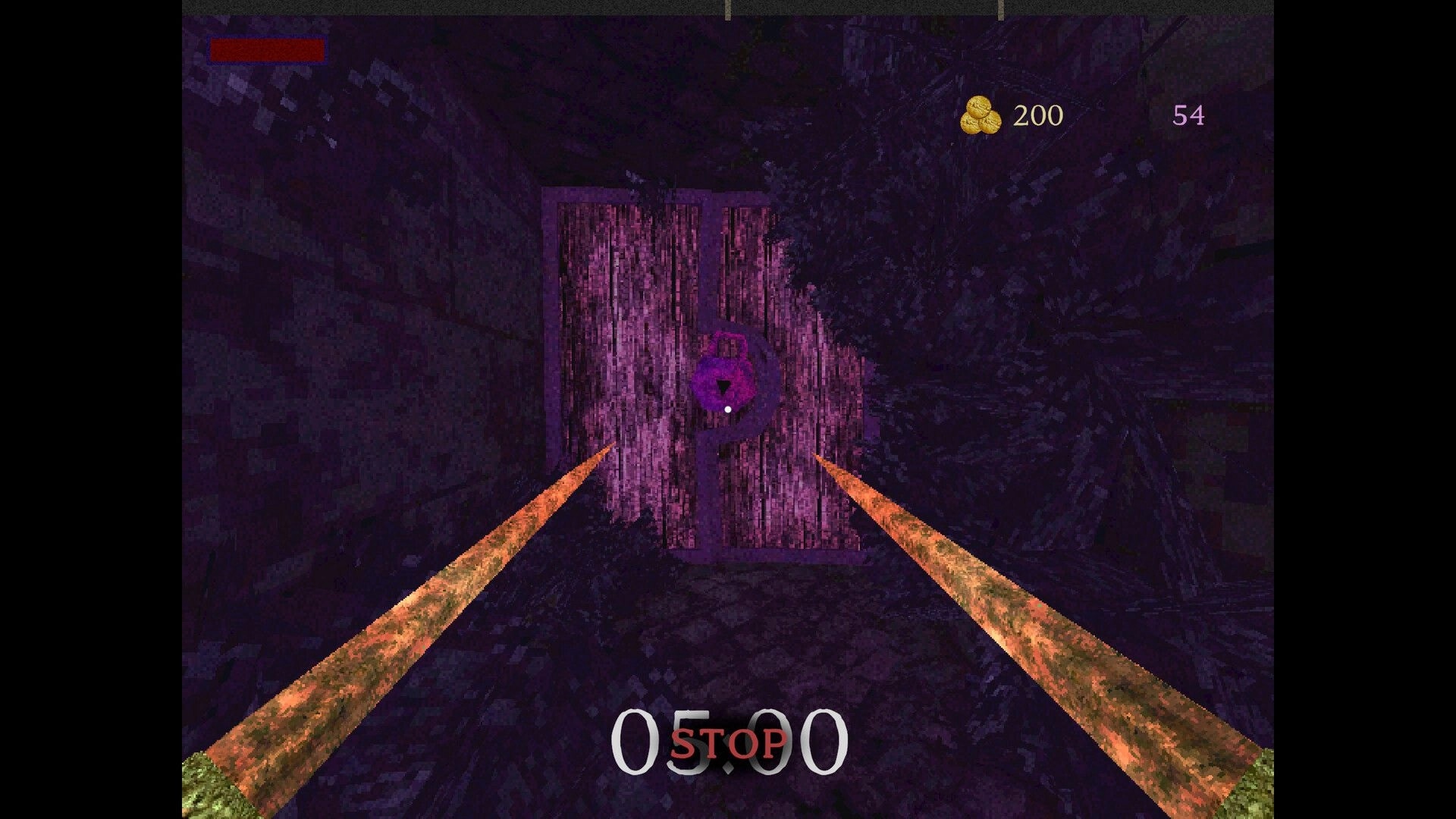 Giant’s Heart: First-person view aiming at a locked wooden door in a dark dungeon corridor with UI counters.