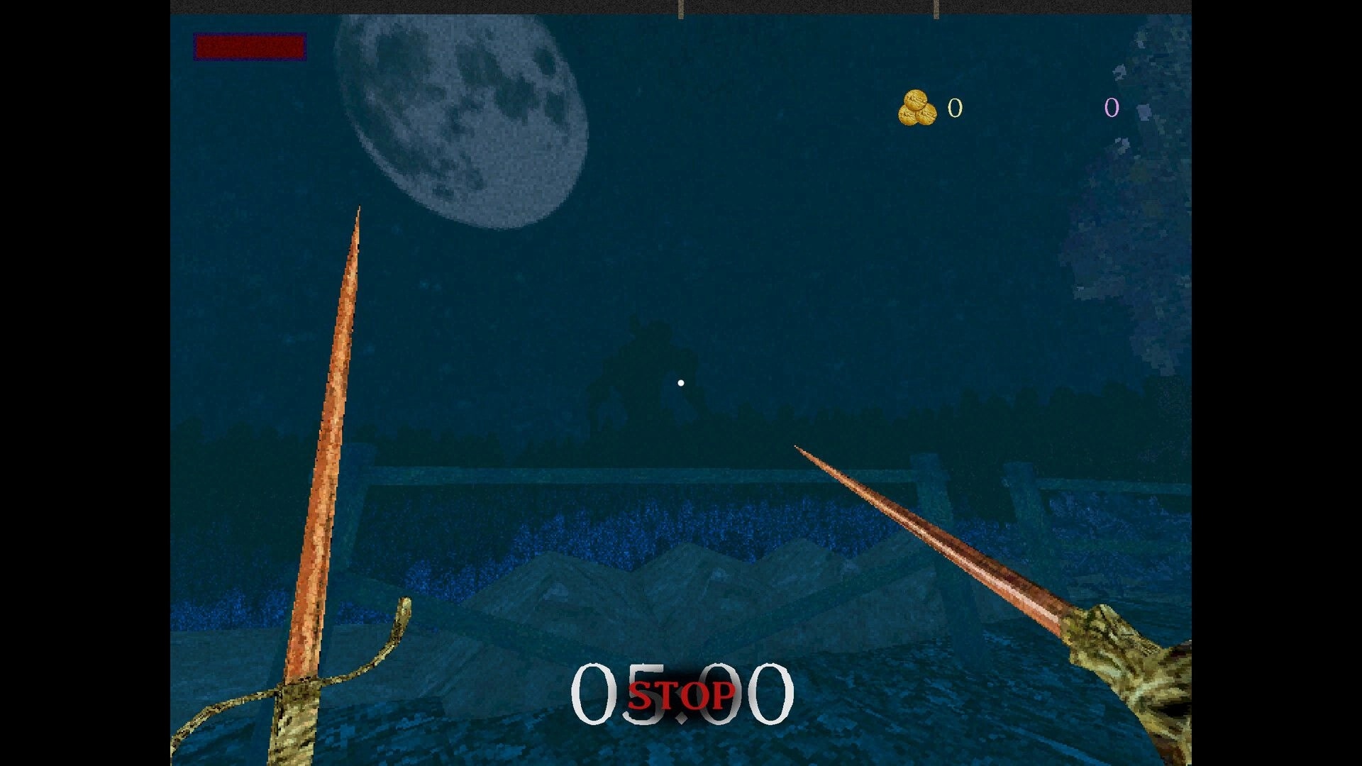 Giant’s Heart: First-person view with two swords and STOP timer under a moonlit forest path.