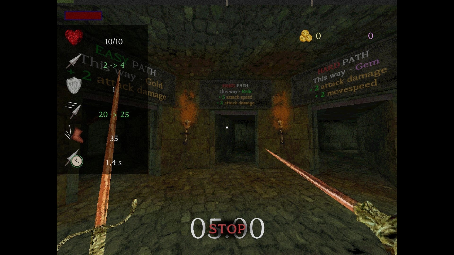 Giant’s Heart: First-person dungeon corridor with two sword weapons and path choice signs on walls.