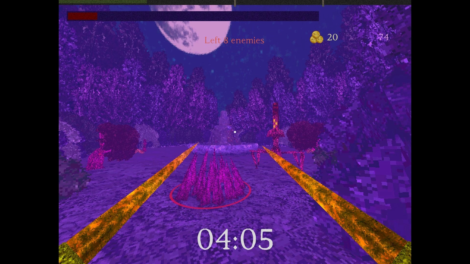 Giant’s Heart: Timer at 04:05 and “Left 8 enemies” HUD on a purple moonlit forest path.