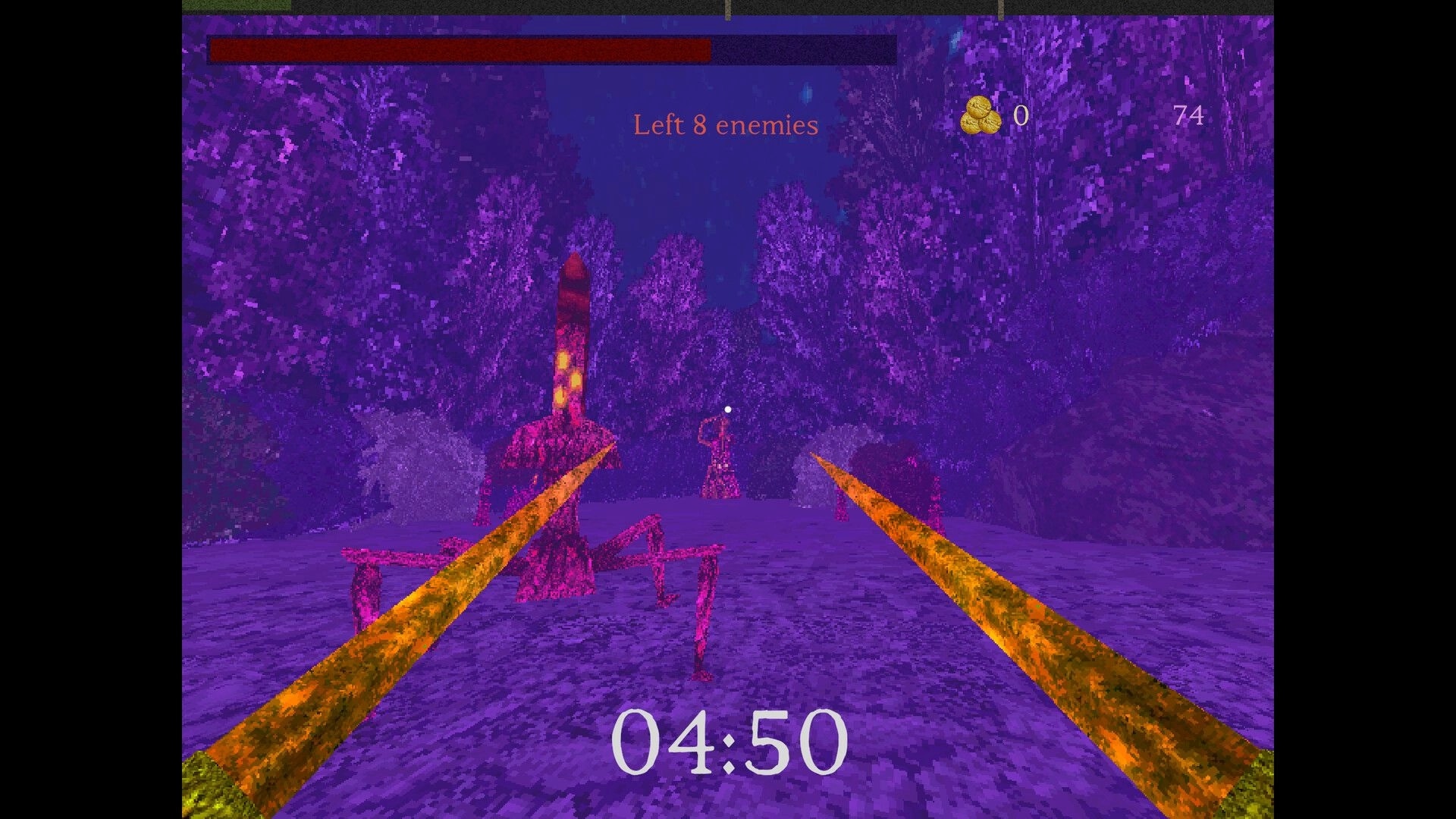 Giant’s Heart: Dual golden blades attack purple spider foes, timer and enemies left UI in forest.