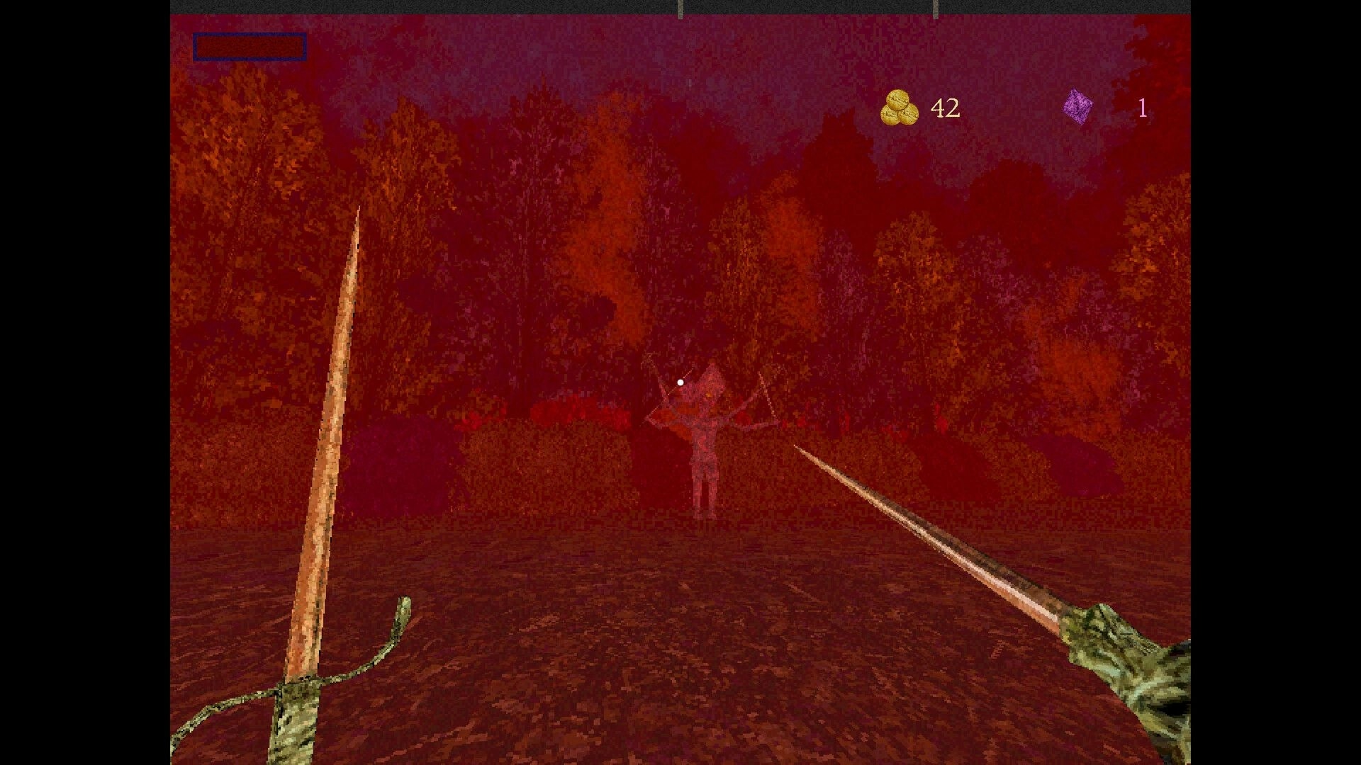 Giant’s Heart: First-person sword fight against a horned foe in a red forest with coin UI counters.