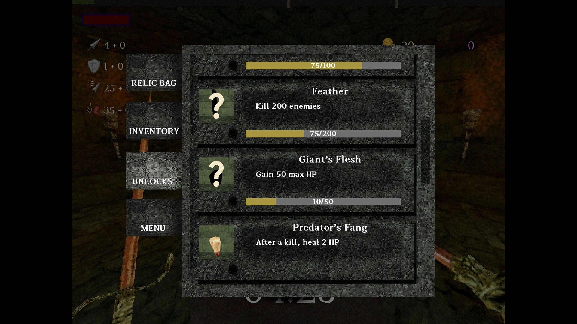 Giant’s Heart: Relic bag inventory listing unlocks and progress bars over a dim dungeon corridor.