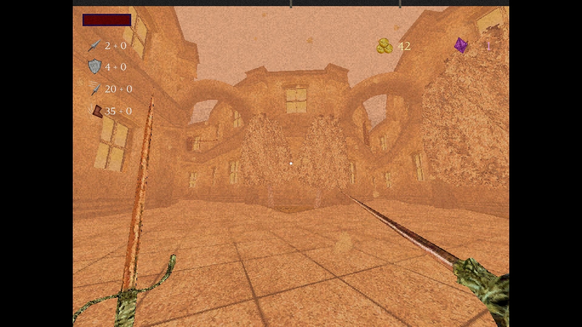 Giant’s Heart: First-person dual blades with stat HUD in a dusty courtyard of ruined castle walls.