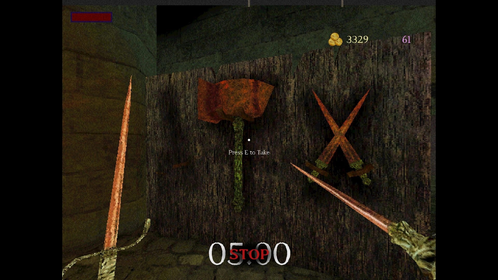 Giant’s Heart: First-person view aiming at a wall axe with “Press E to Take” in a dungeon cell.