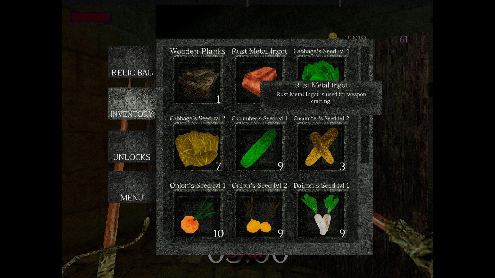 Giant’s Heart: Inventory menu with planks, rust ingot, and multiple vegetable seeds in dungeon UI.