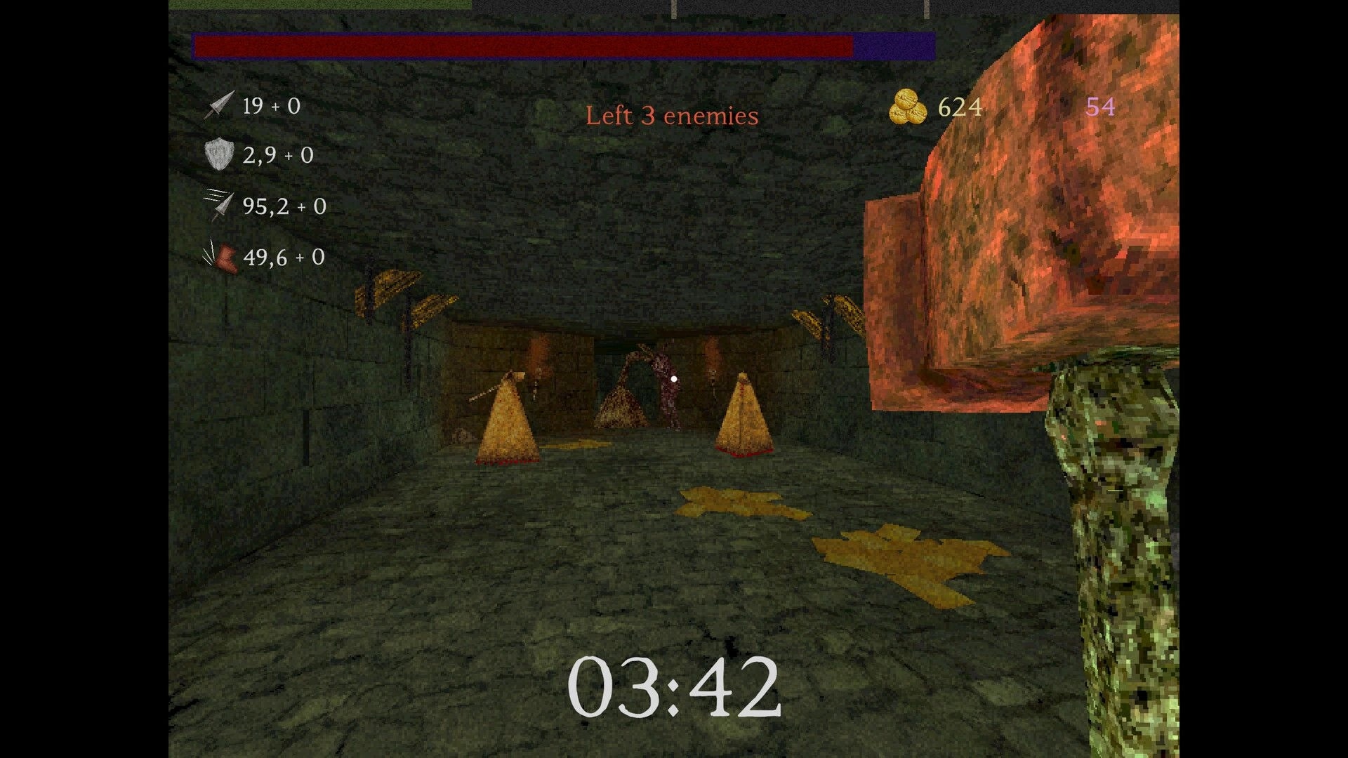 Giant’s Heart: First-person dungeon fight with “Left 3 enemies” and timer HUD in stone corridor.