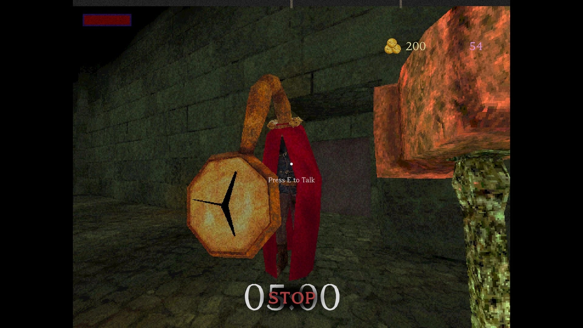 Giant’s Heart: Press E to Talk prompt by a red-cloaked NPC with clock shield in stone dungeon corridor.