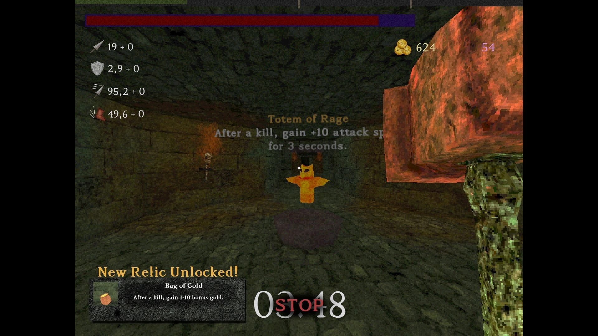Giant’s Heart: Relic unlocked pop-up and Totem of Rage text in a dim stone dungeon chamber UI.