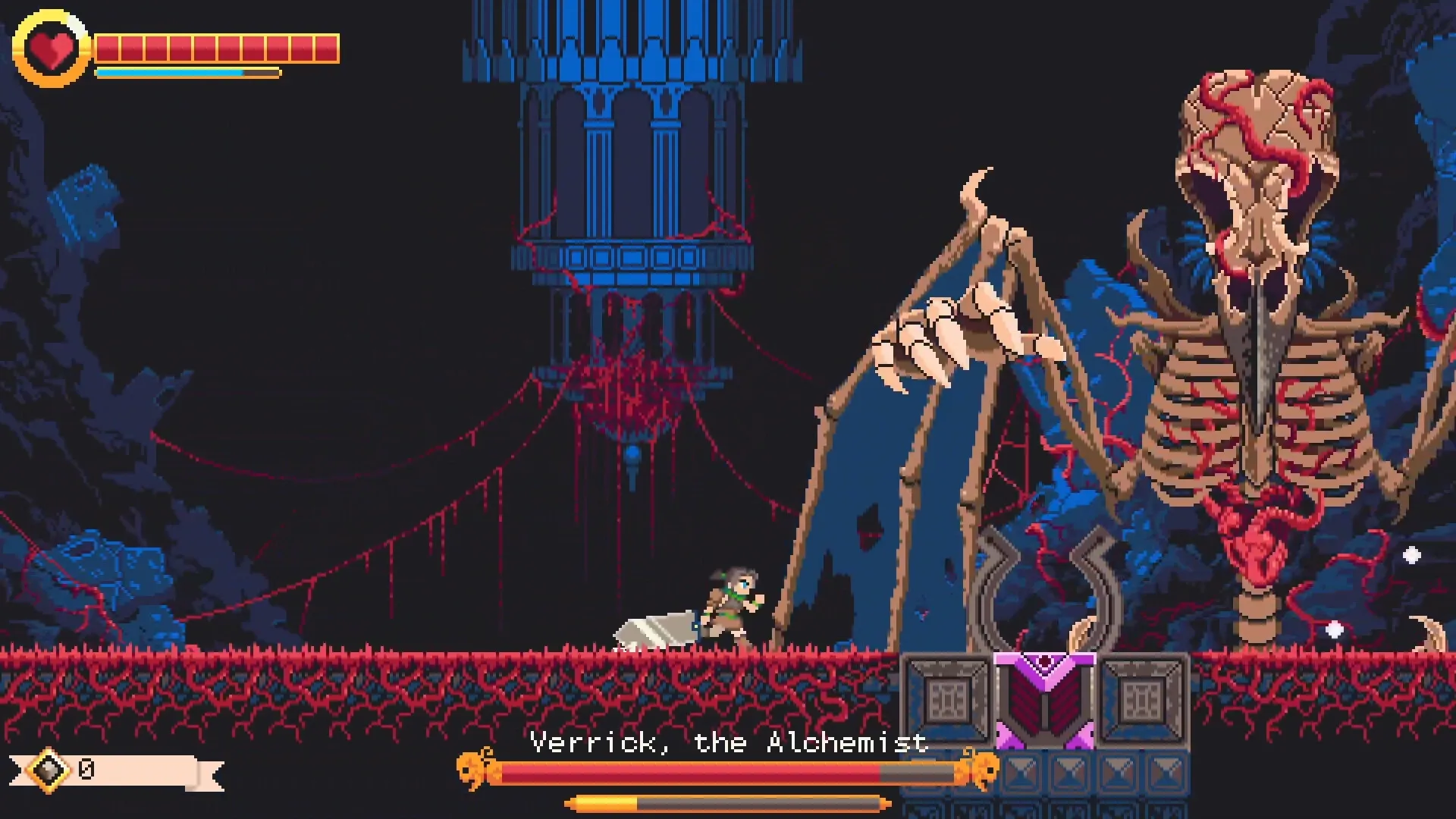 GIGASWORD: Ezra battles Verrick, the Alchemist in a dark, ominous chamber with health bar visible.