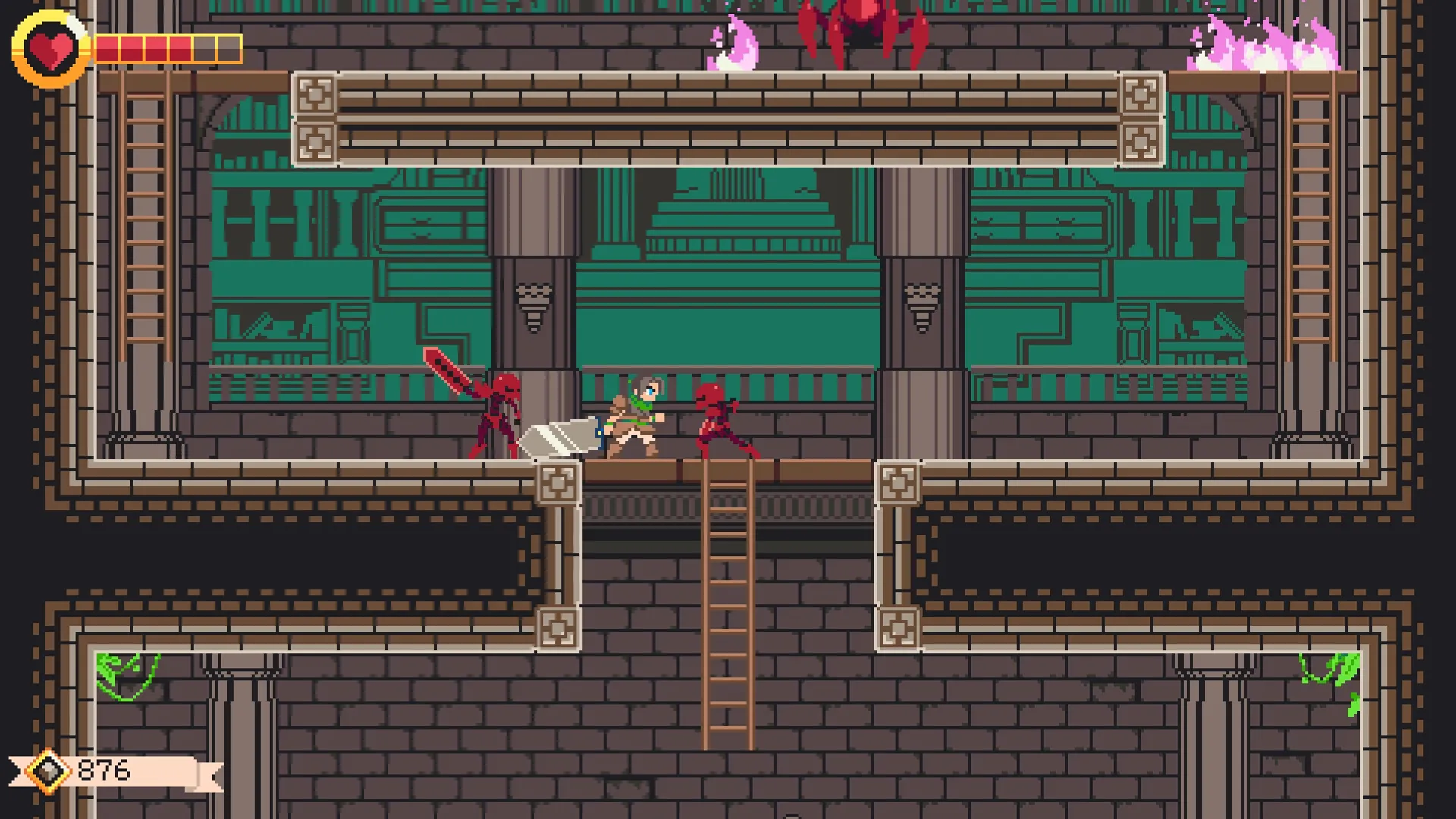 GIGASWORD: Ezra battles red-armored foes on a bridge in a pixelated ancient temple environment.