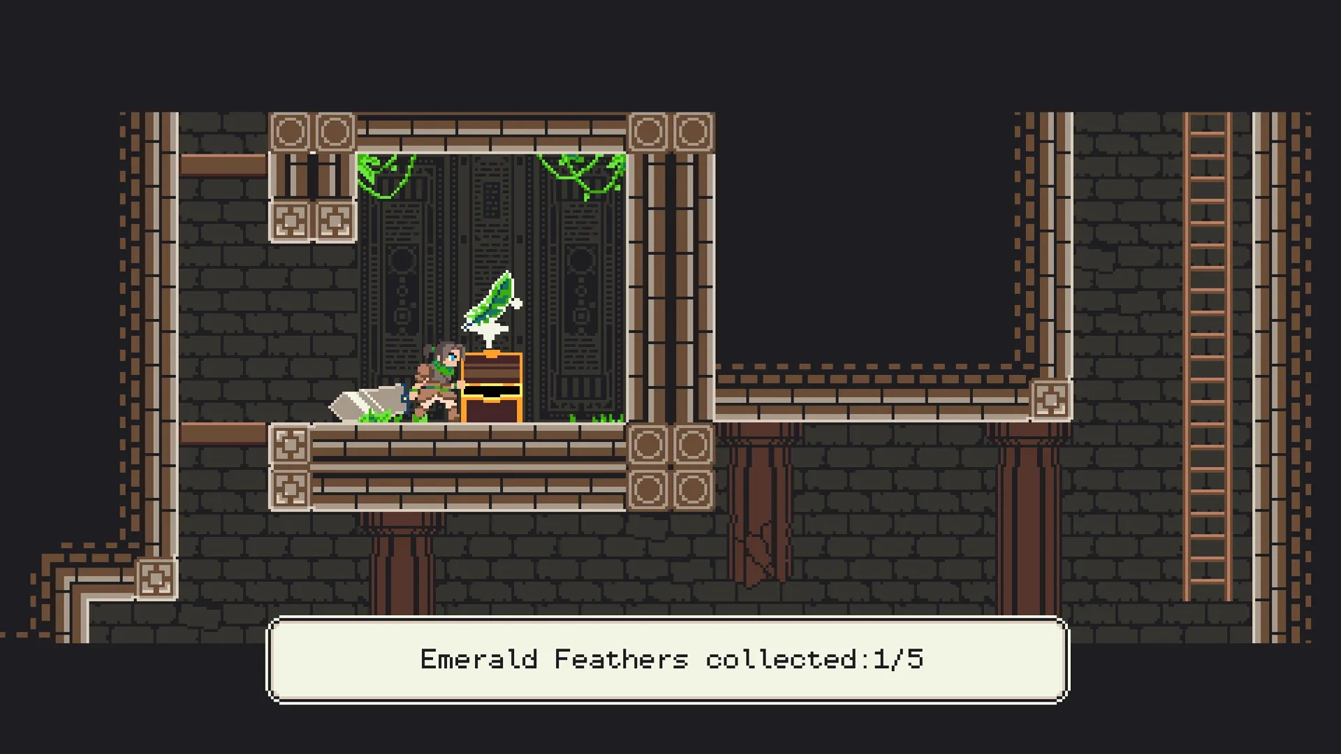 GIGASWORD: Ezra discovers a hidden chamber and collects an emerald feather in brick-walled ruins.
