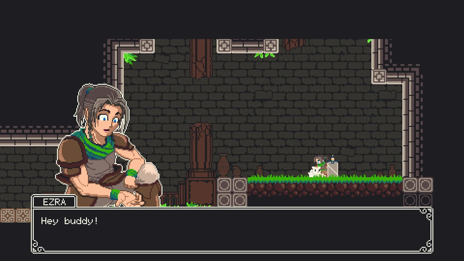 GIGASWORD: Ezra kneels beside a small creature in a dimly lit stone chamber with grass and pottery.