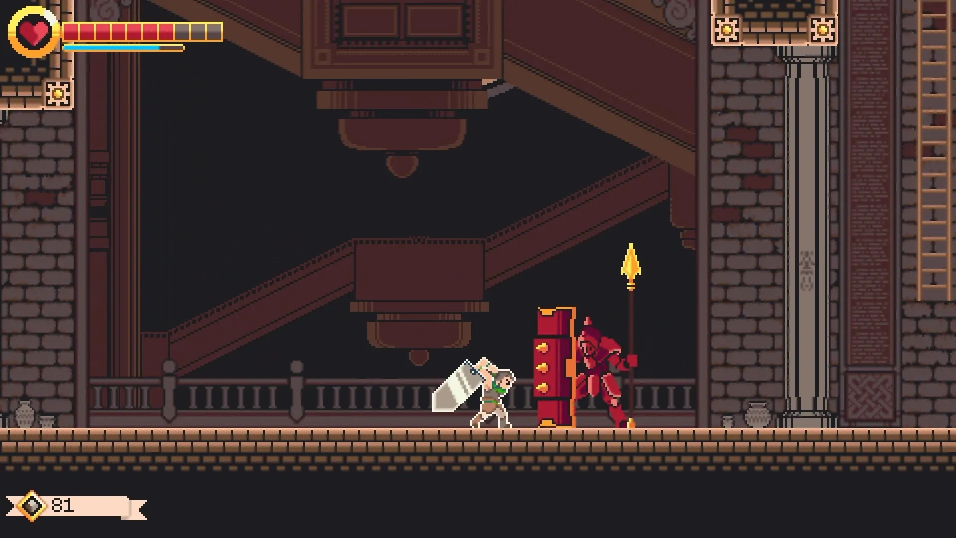 GIGASWORD: Ezra confronts armored foe in dim stone corridor, health bar visible, carrying large sword.