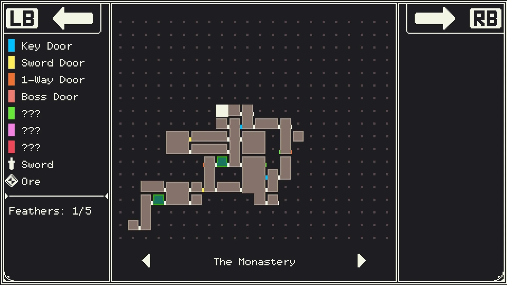 GIGASWORD: Map screen displaying The Monastery layout, highlighting doors, swords, and ore locations.