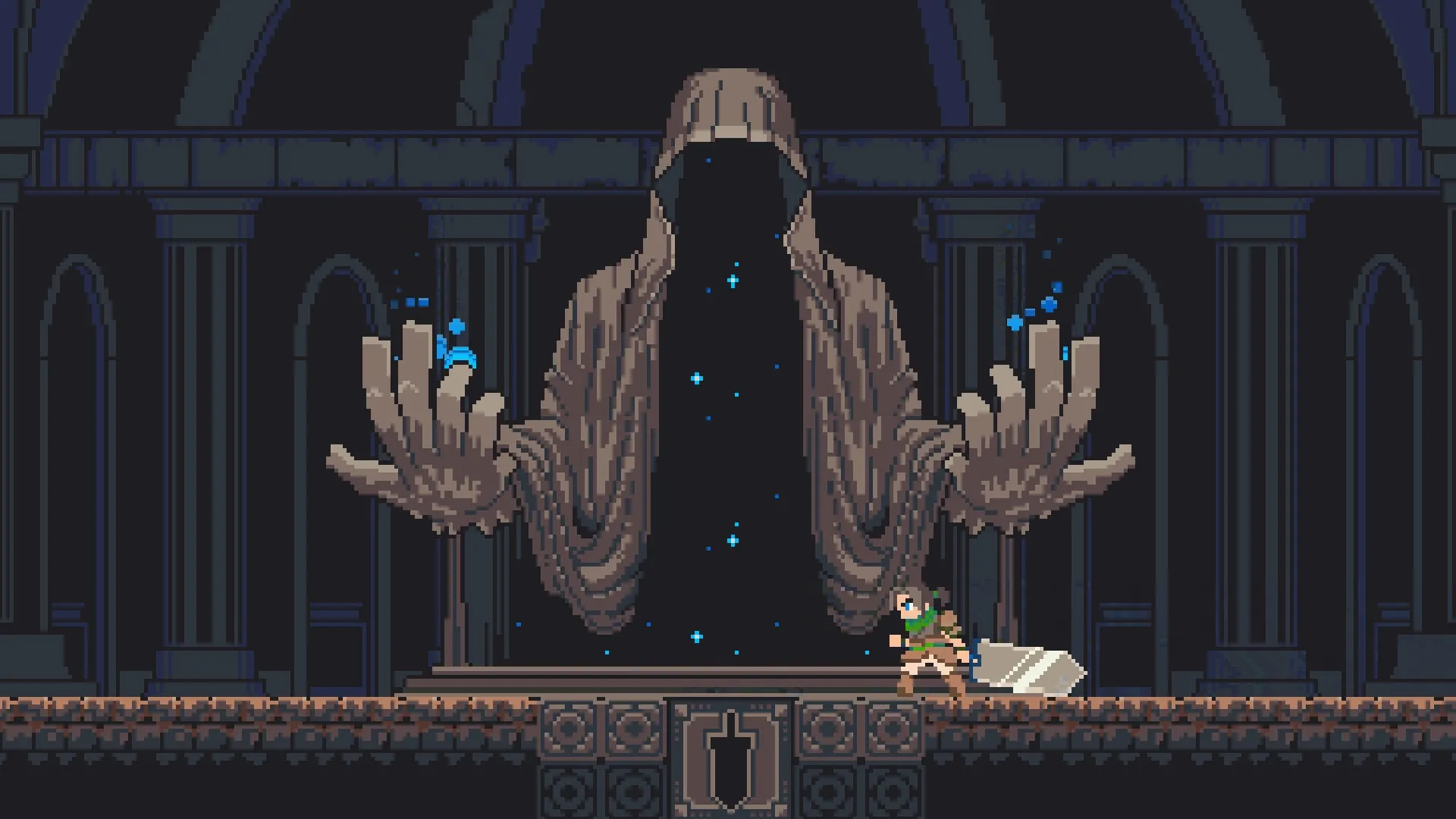 GIGASWORD: Ezra stands before a giant hooded statue in a dark, mysterious chamber filled with blue lights.