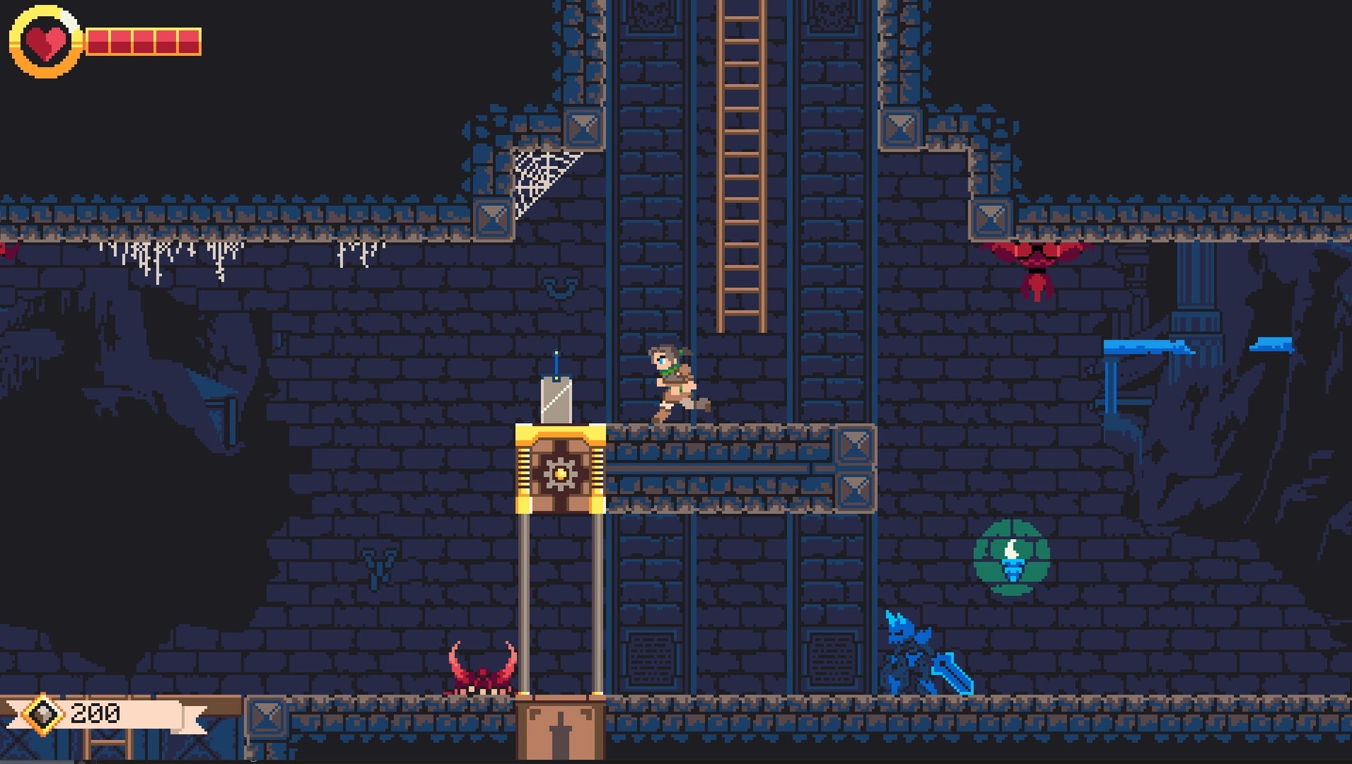 GIGASWORD: Ezra navigating a dungeon with enemies and ladders, health bar and currency visible