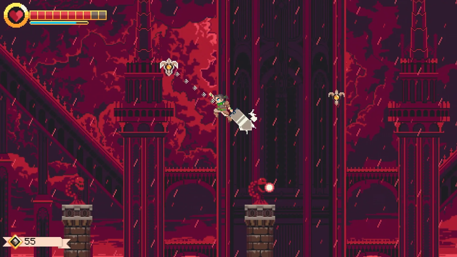 GIGASWORD: Ezra leaps with GIGASWORD through rainy red cathedral, targeting airborne enemies