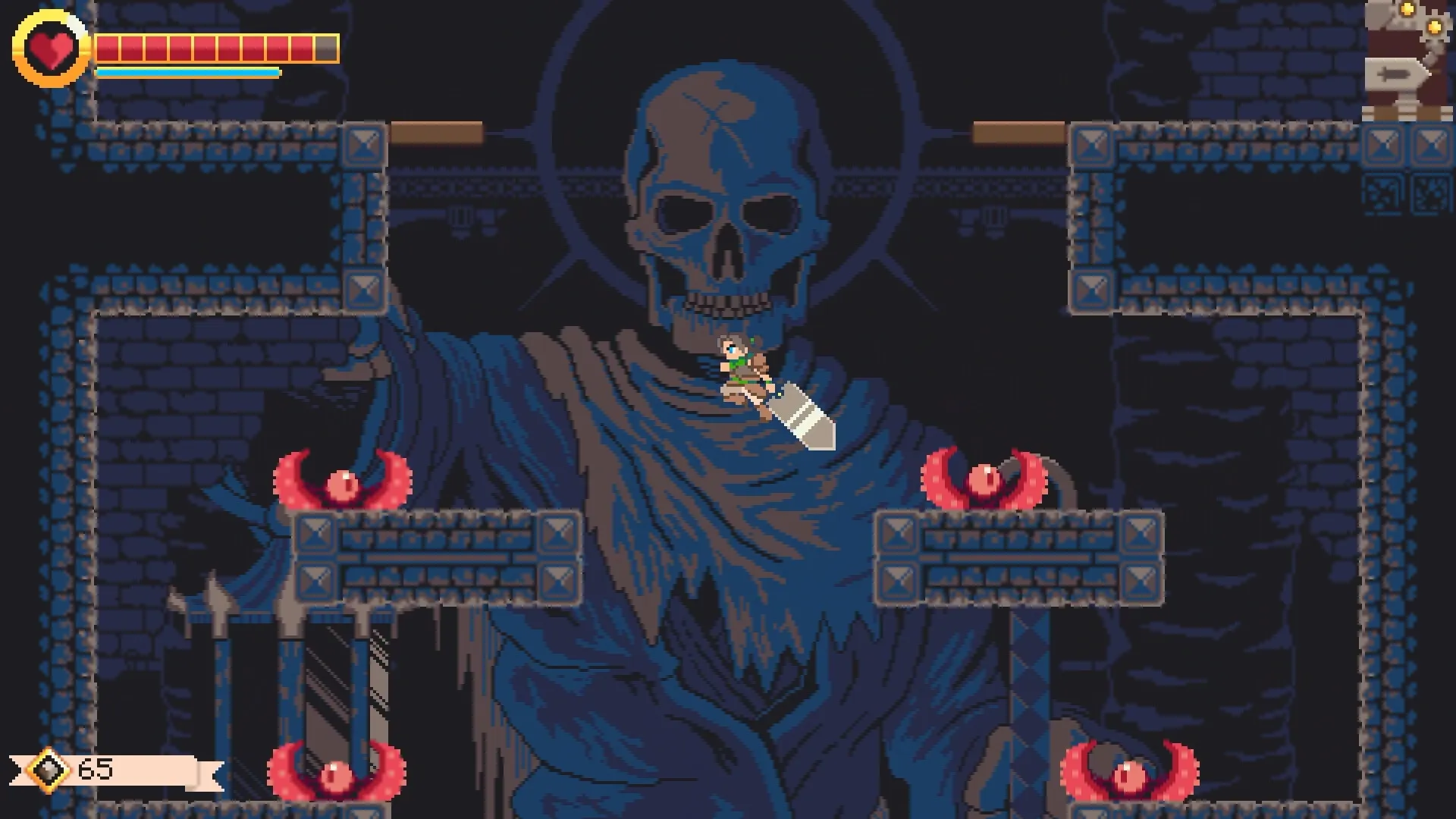 GIGASWORD: Ezra balances on giant sword in dungeon with red-eyed creatures and skull statue background.