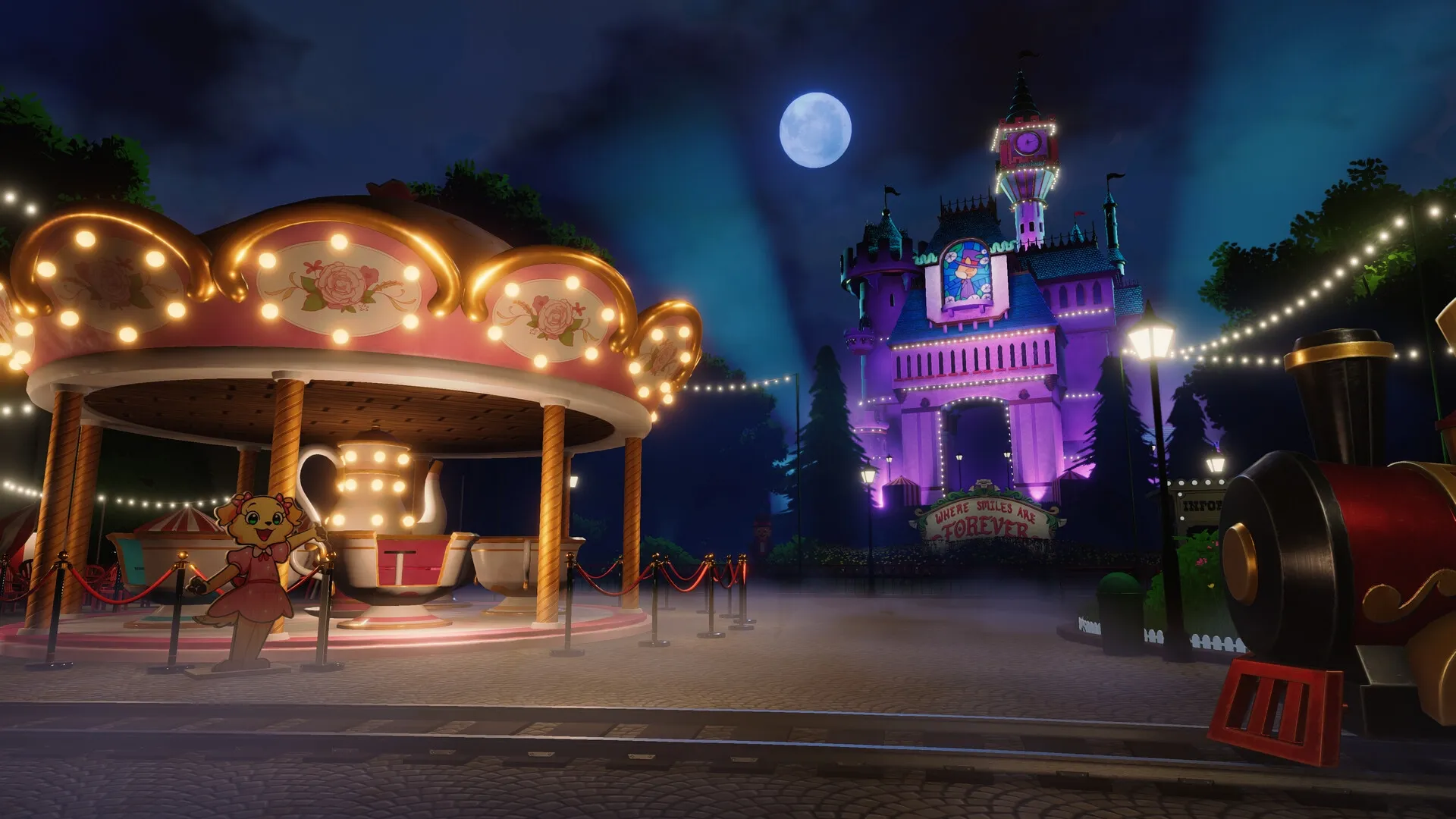 Giggleland: Illuminated carousel and purple castle under moonlit sky in whimsical amusement park setting