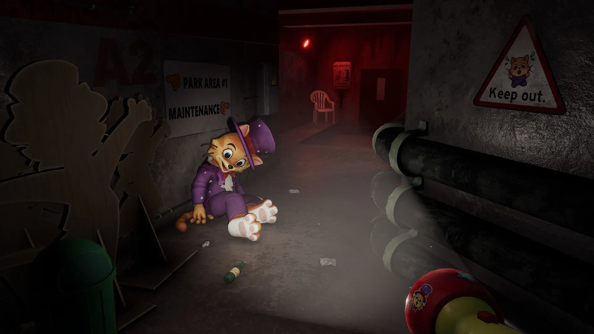 Giggleland: Abandoned corridor with a mascot figure slumped under maintenance sign, eerie red light.