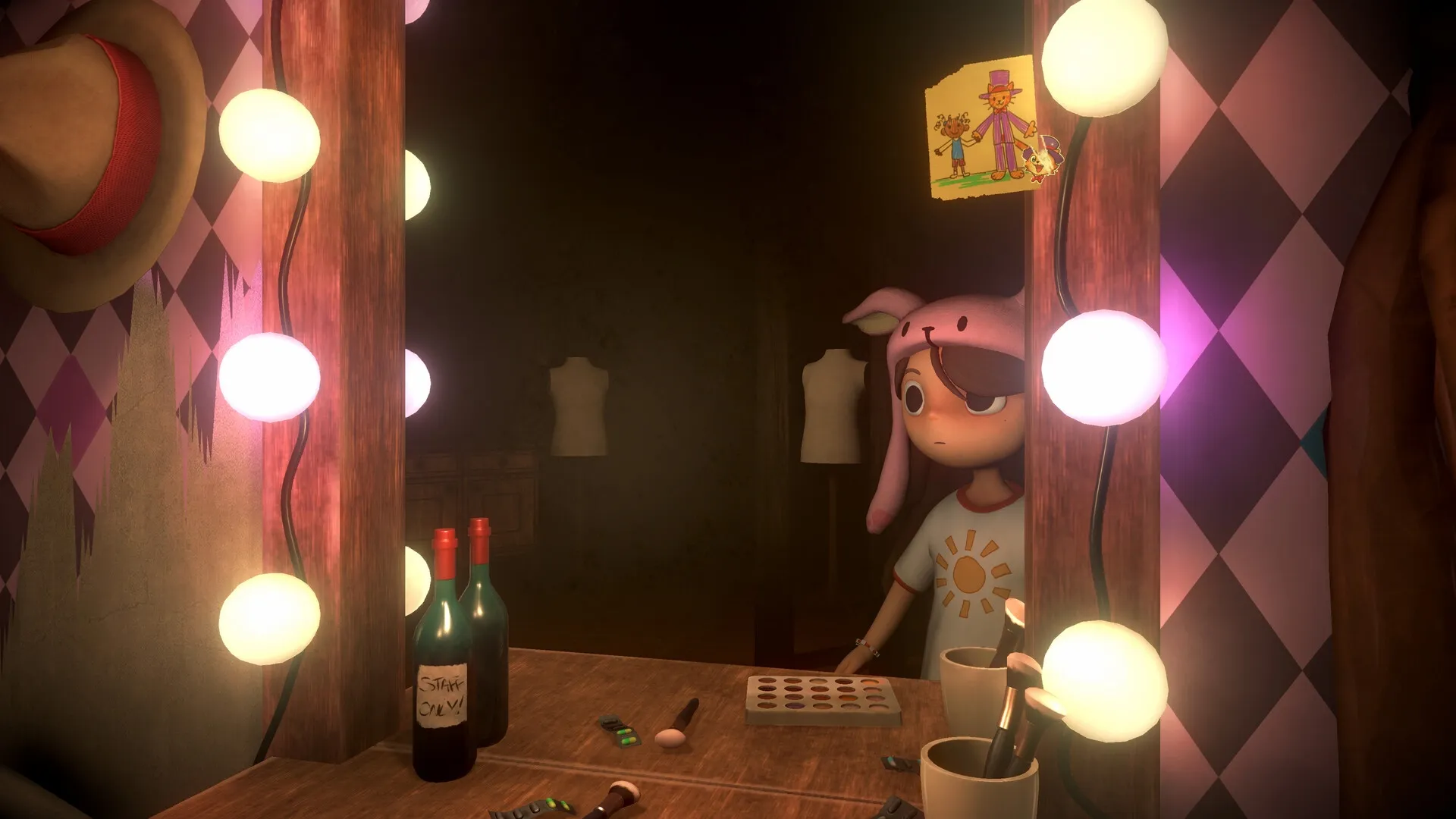 Giggleland: Character in pink hat at illuminated vanity with bottles and makeup in dimly lit room