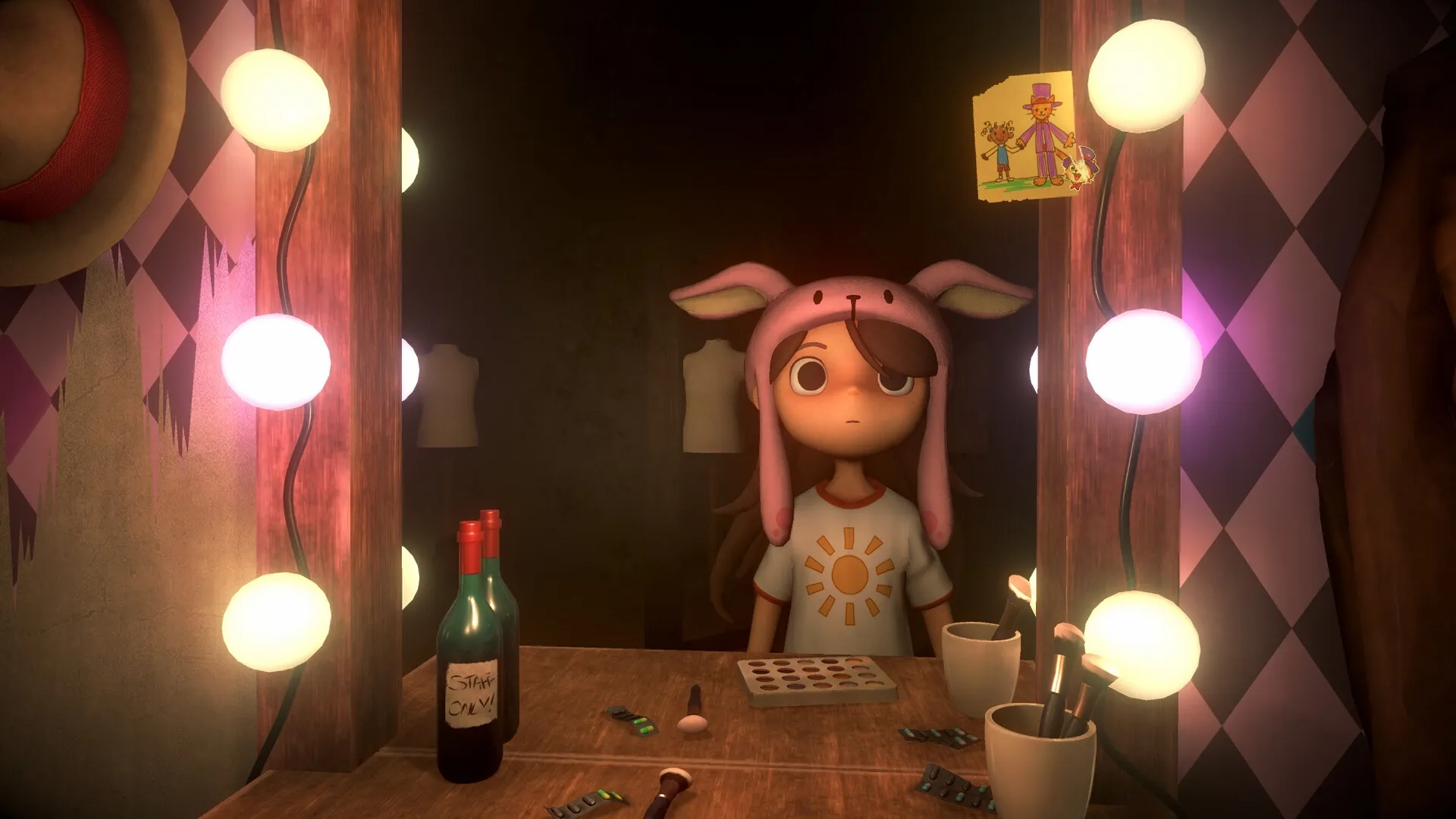 Giggleland: Character in bunny hat at vanity with makeup and wine in dimly lit dressing room