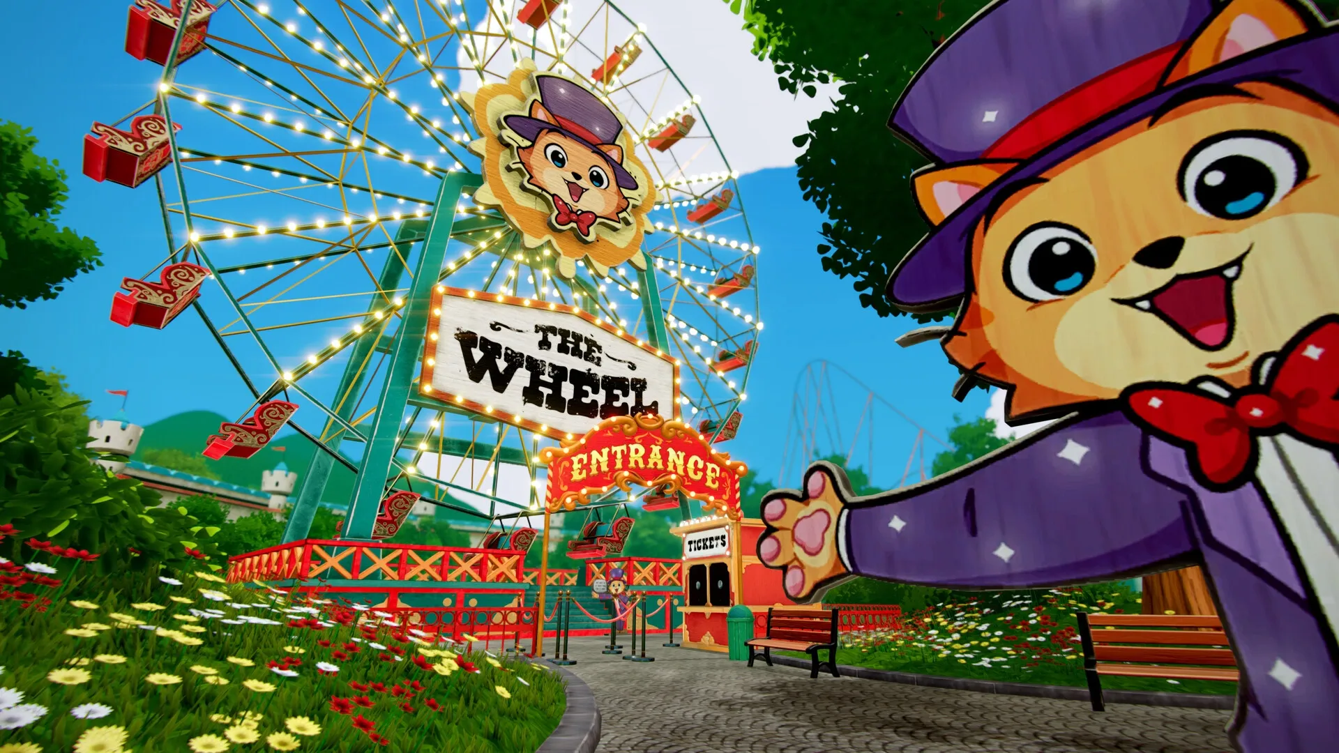Giggleland: Cartoon mascot greets visitors at ferris wheel entrance in colorful amusement park setting