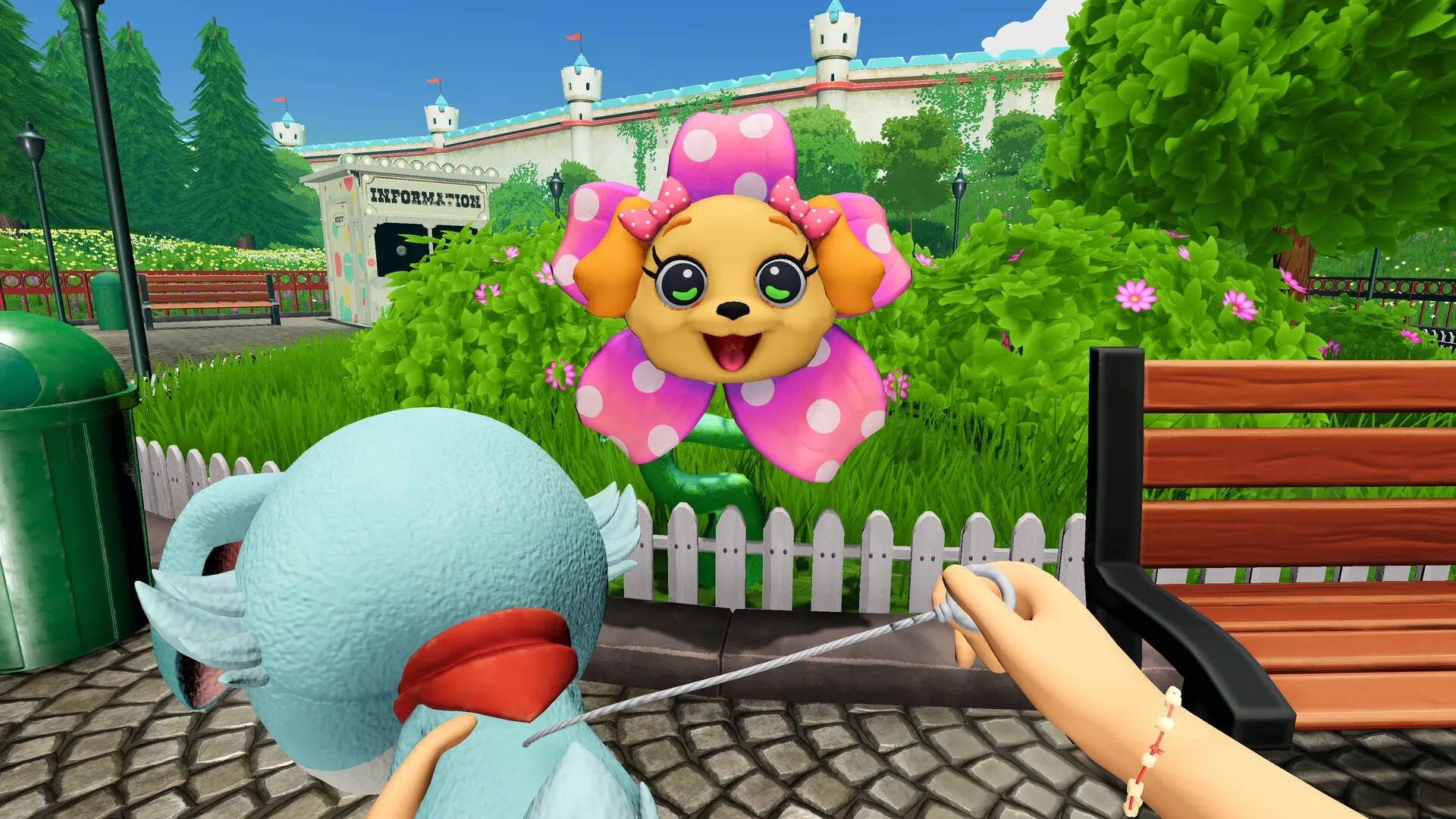 Giggleland: Player holding toy facing smiling flower creature in colorful park setting