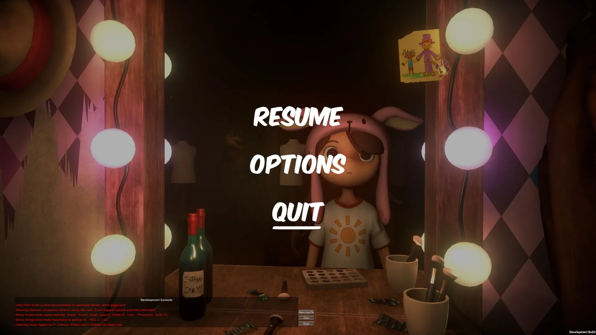 Giggleland: Pause menu with options, character in bunny hat at a vanity with lights and bottles