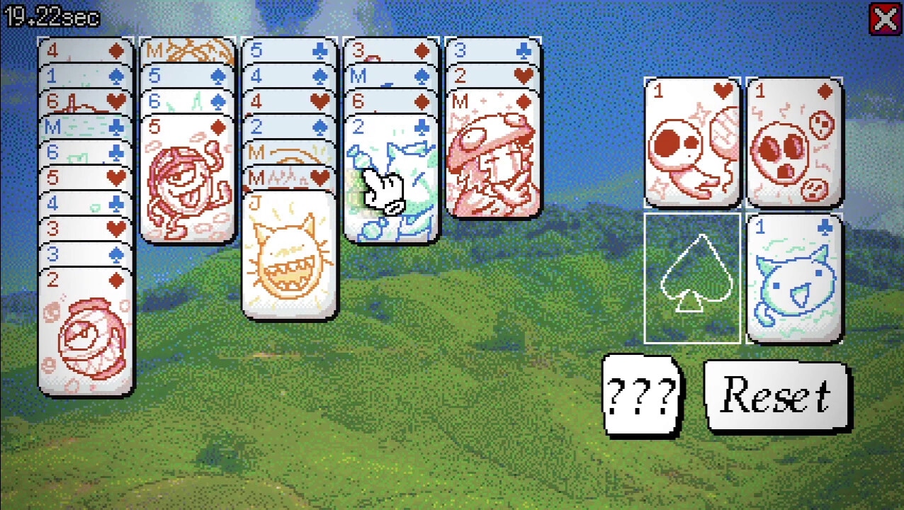 GIMMIKO: Card game interface with whimsical creature designs over a pixelated landscape background