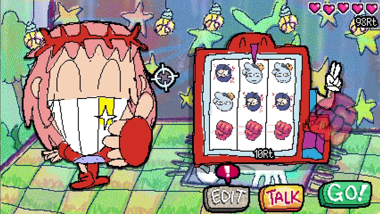 GIMMIKO: Character choosing dice on slot machine in colorful room with star decorations and UI buttons.