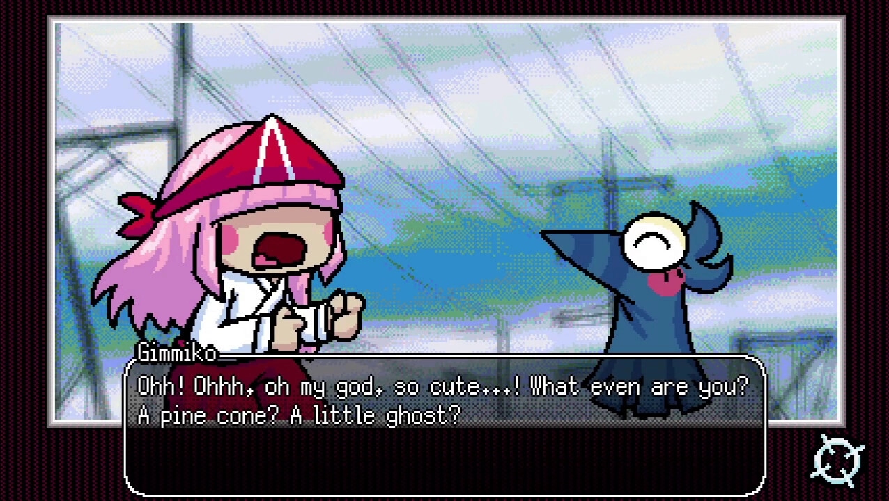 GIMMIKO: Dialogue scene with Gimmiko and a mysterious creature in a bright, abstract environment.