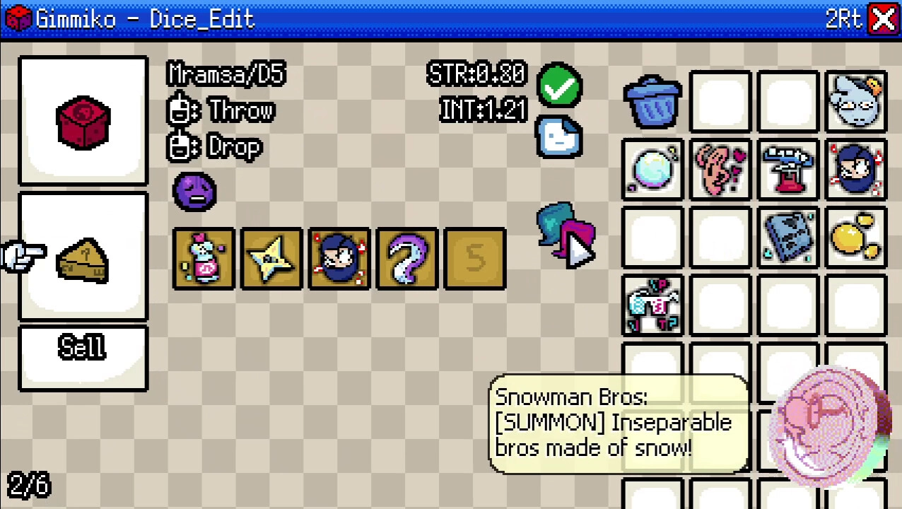 GIMMIKO: Dice editing screen with various items and stats in a grid layout, featuring Snowman Bros.