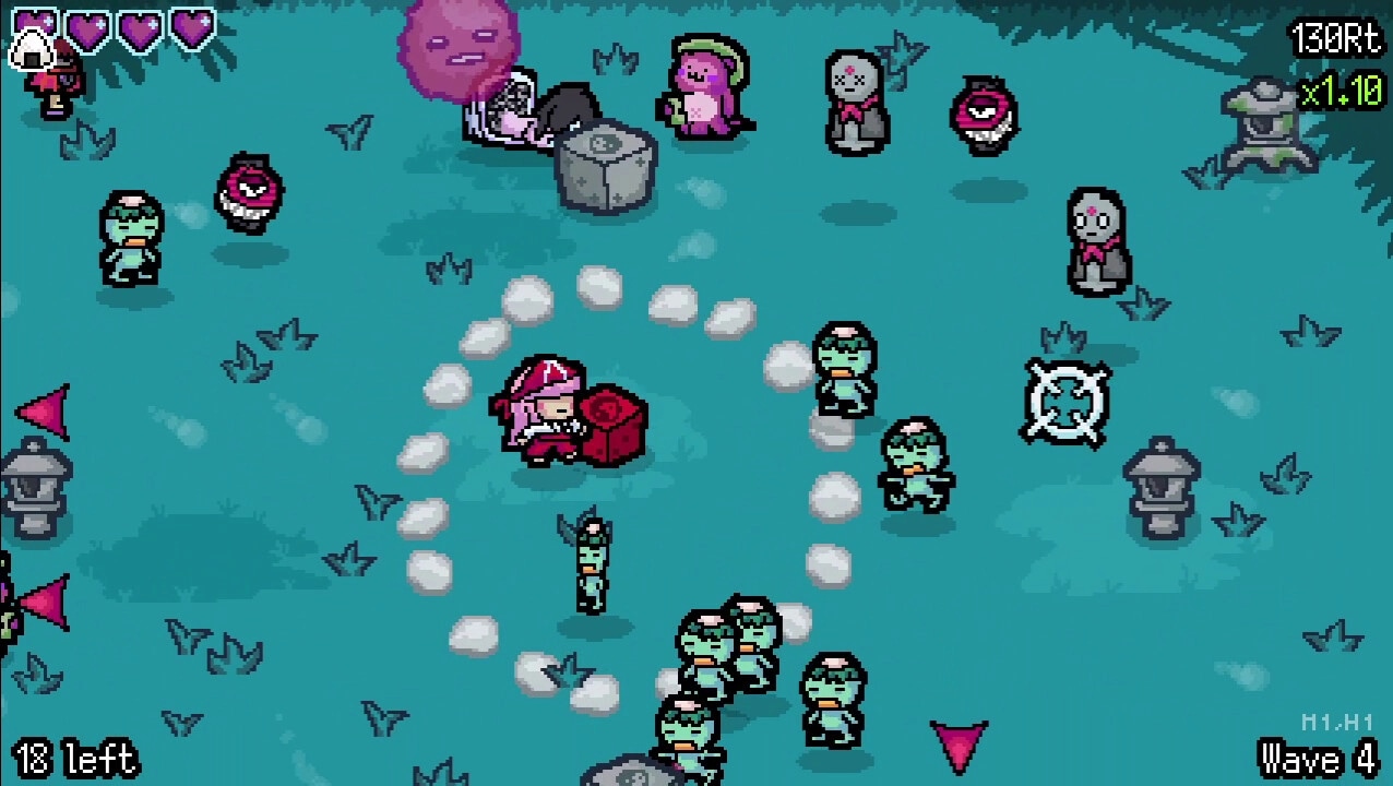 GIMMIKO: Player character surrounded by enemies in wave 4 of a forest with health and score UI.