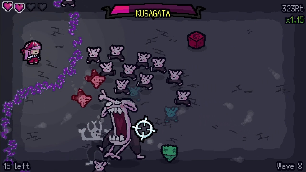 GIMMIKO: Player character faces off against wave of demons with health bar and score displayed