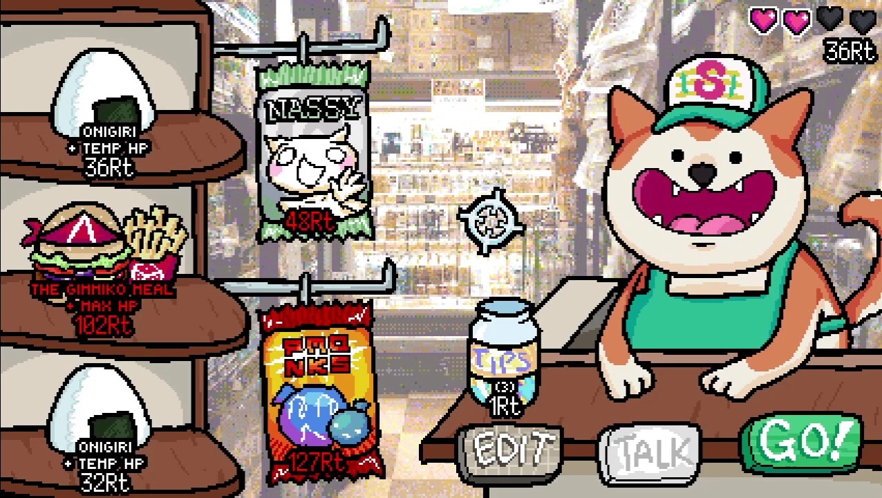 GIMMIKO: Shop scene with cartoon dog vendor, food items, and options like "EDIT," "TALK," and "GO!"